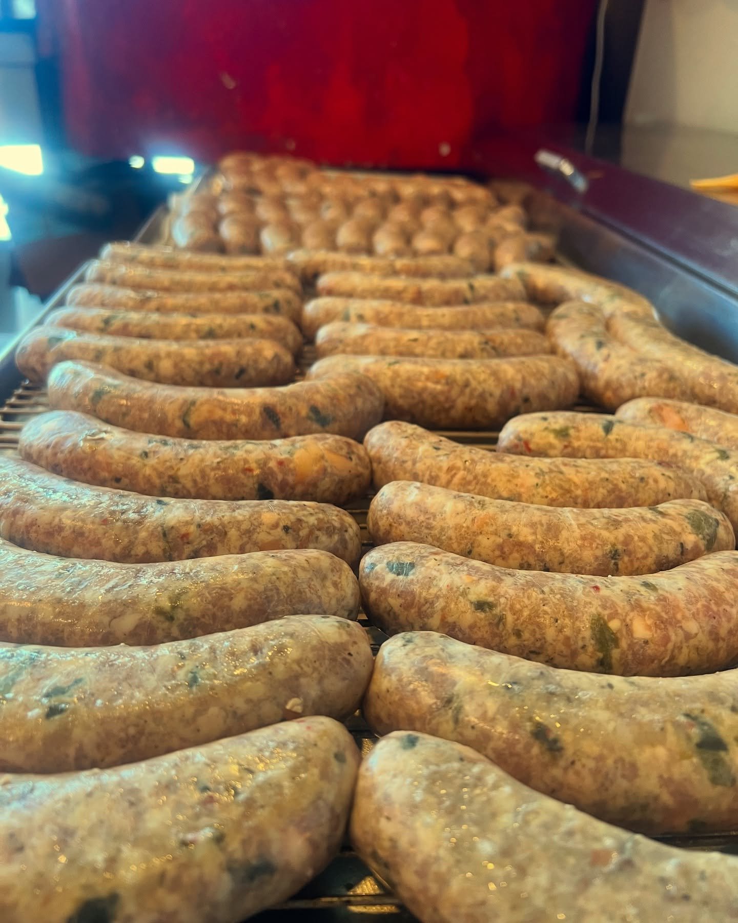 made some beautiful sausages stuffed with chanterelle mushrooms, pasilla chile and pepper jack cheese. We will be serving these all week!