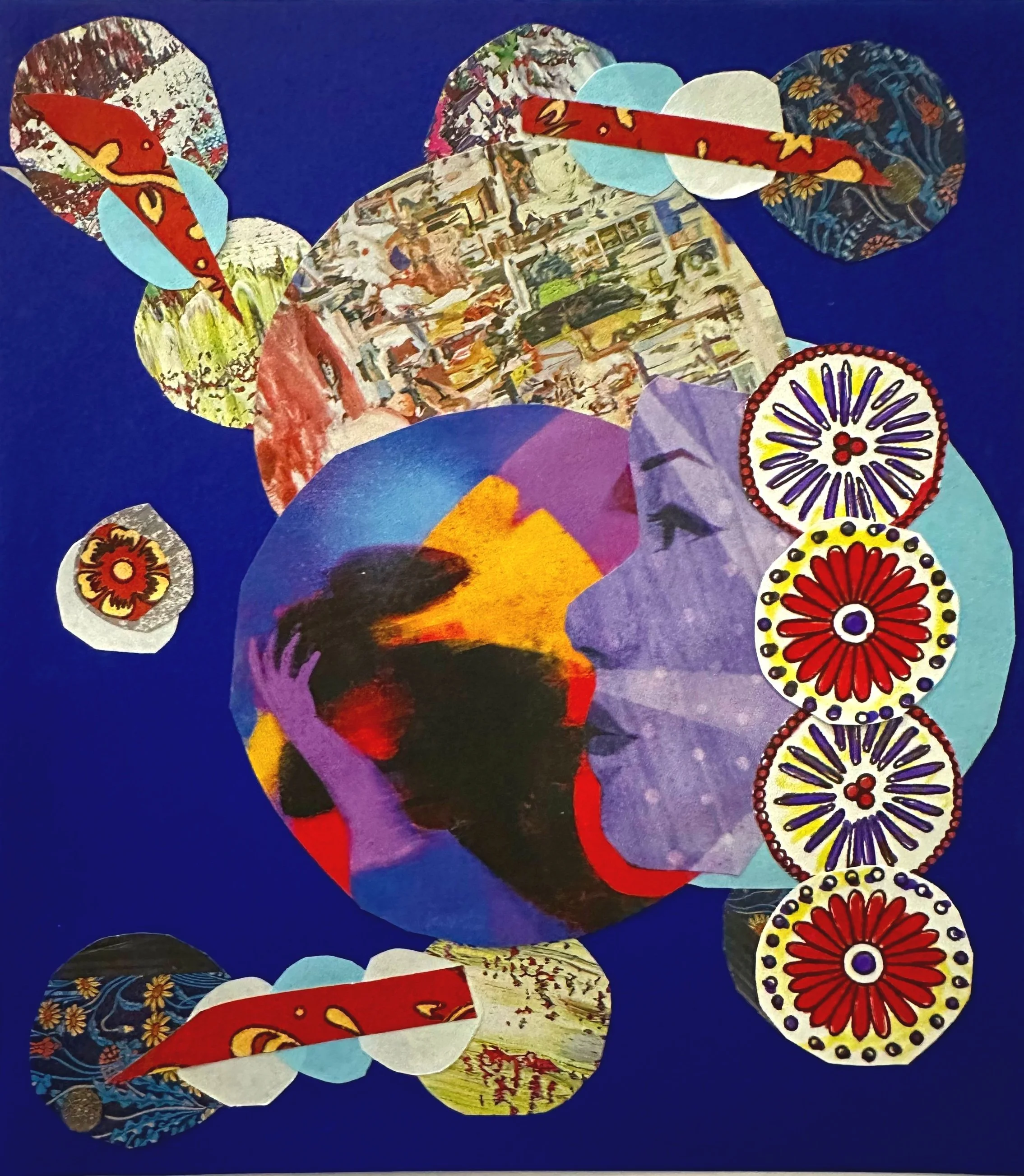 Collage on dark blue background made from magazine cutouts. A series of circles highlighting a left-facing side profile of a woman.