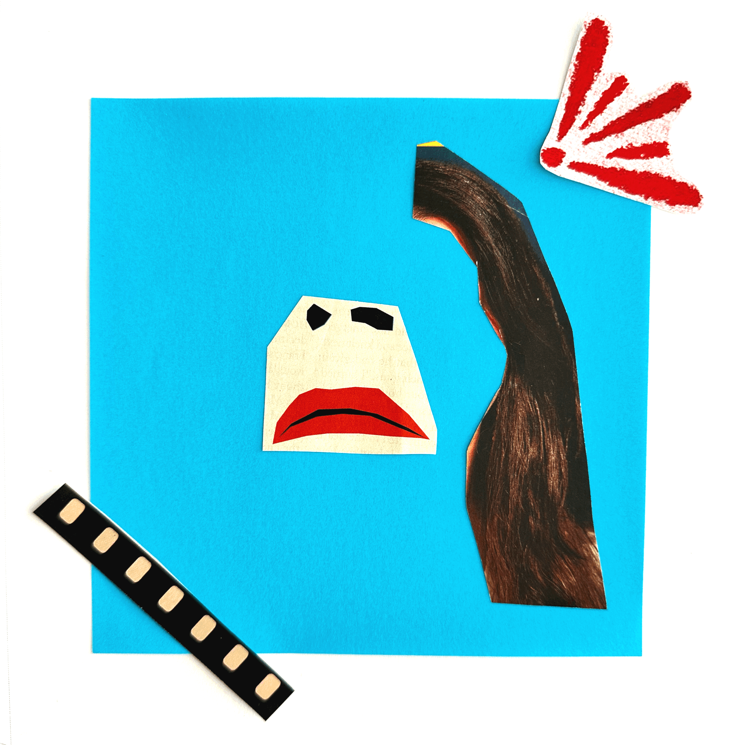 Collage. Blue square with disembodied mouth and nose, half of a head of hair with a film reel in the left bottom corner and a decorative red flourish on the top right corner.