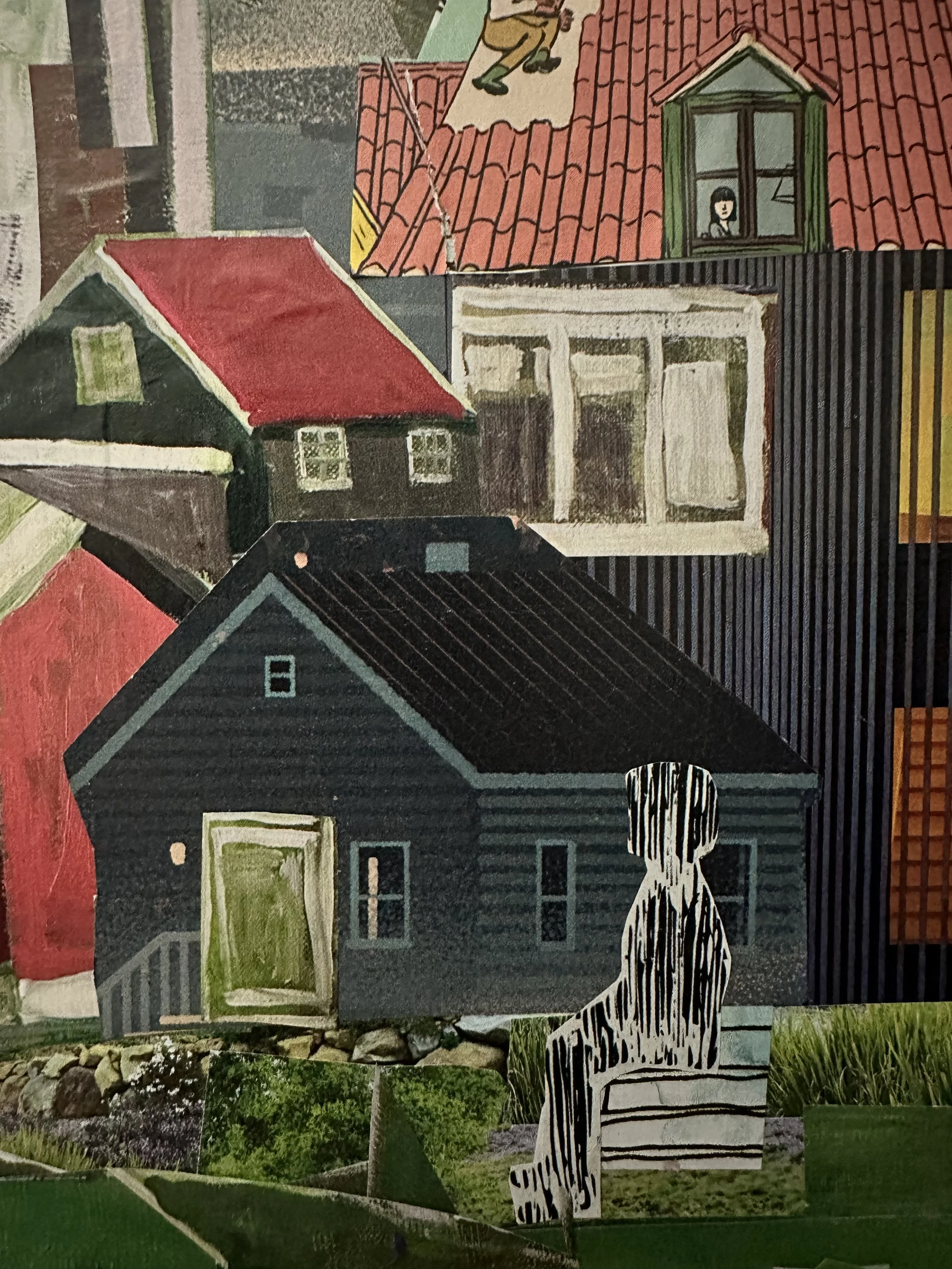 collage of magazine clippings of houses with a shadow child sitting in front