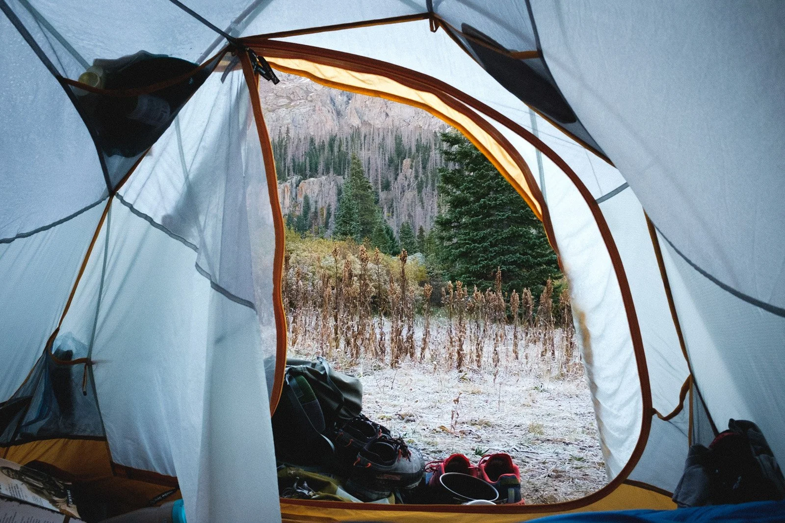 Frost-covered 25° morning. We waited for the sun to hit the tent to get out of our bags. (October 2021)