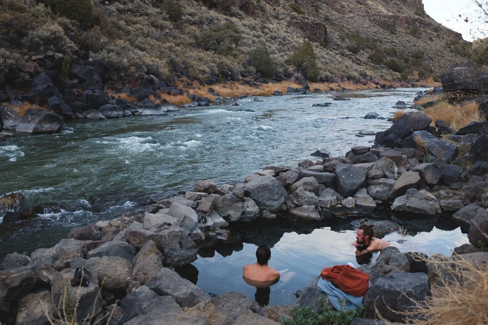 Rio Grande Hot springs with a big-horned sheep visitor and moonlit walk back to camp (Jonah and Will) November 2021