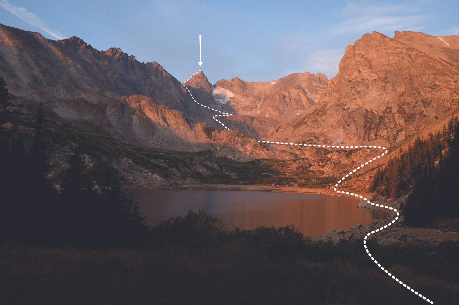 Lake Isabelle at sunrise. Showing the route up Navajo Peak via Airplane Gully (September 2021).
