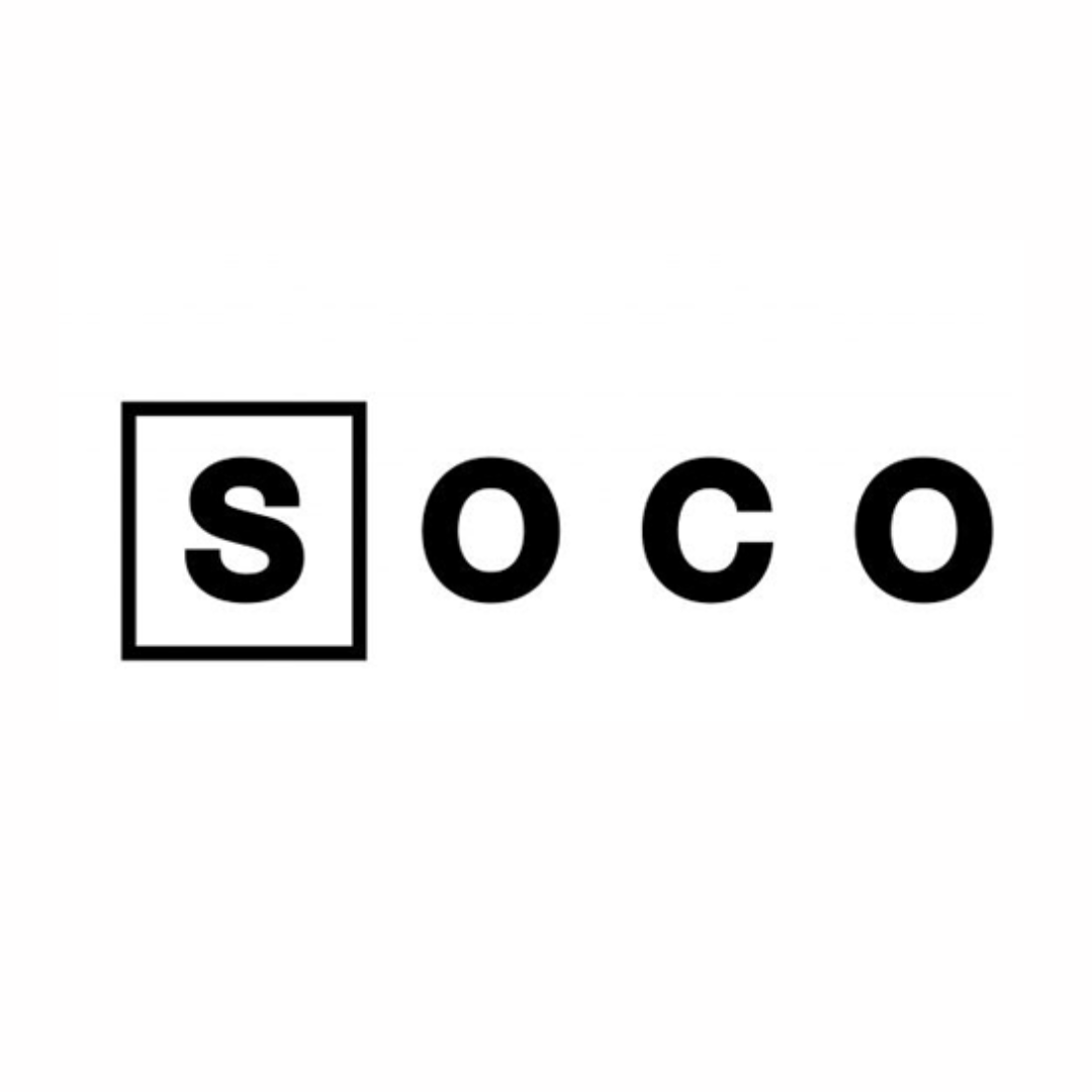 Logo with the word 'soco', letter 's' inside a square next to the letters 'o', 'c', and 'o' in a row.