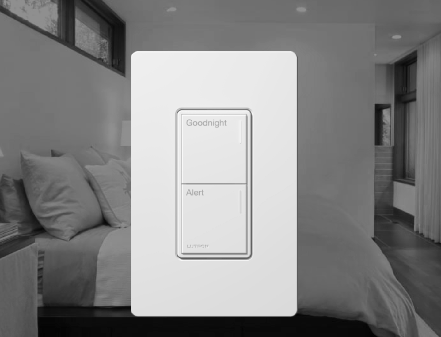 A bedroom with a bed, pillows, and large windows, with a white panel in the foreground showing buttons labeled 'Goodnight' and 'Alert'.