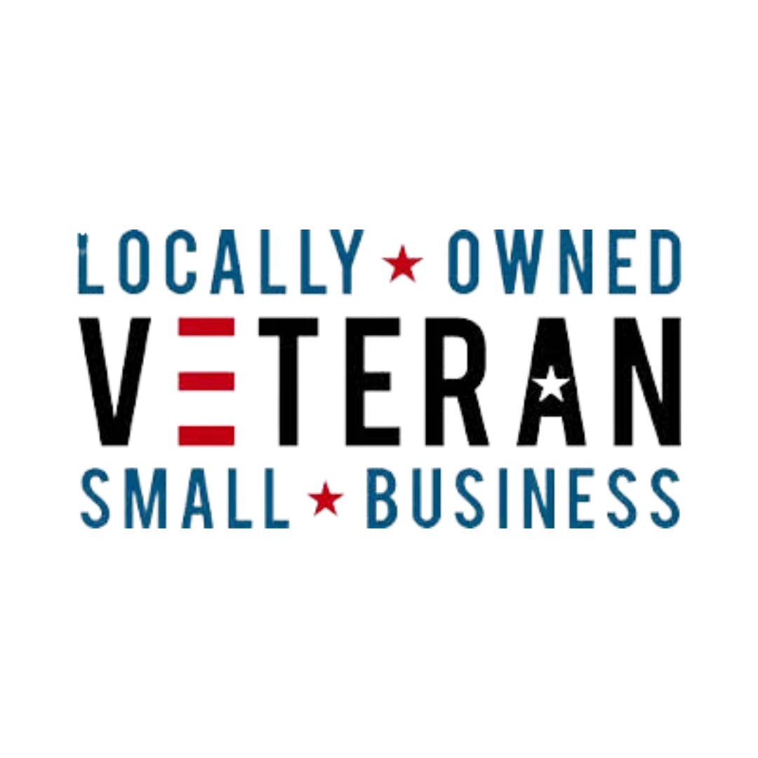 Text that reads "Locally Owned Veteran Small Business" with red and blue stars.