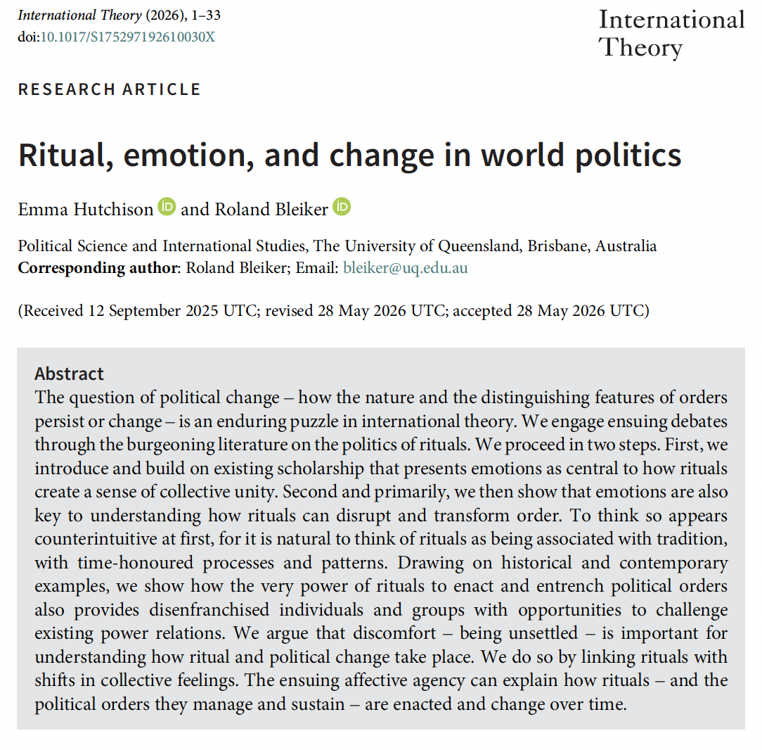New Article with Emma Hutchison on Ritual, Emotion, and Change in World Politics