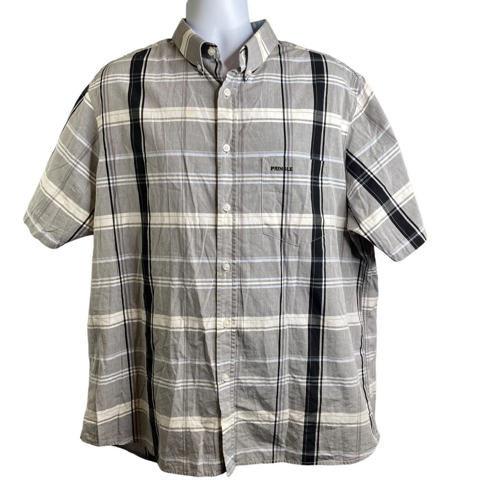 Pringle of Scotland Men's Plaid 100% Cotton Button Down Shirt XL Short Sleeve