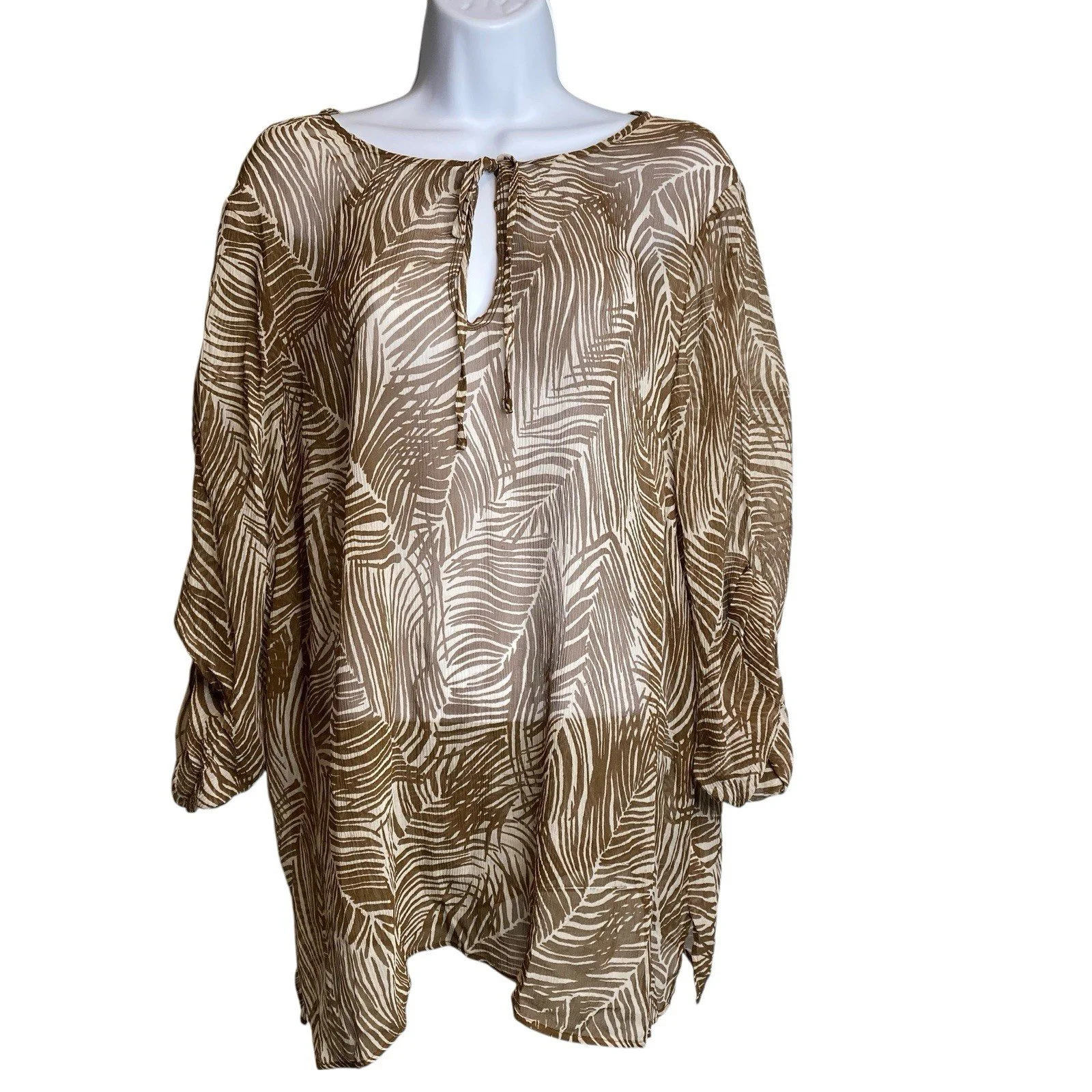 Talbots Women's Sheer Brown Tropical Palm Print Blouse Size XLP Neutral Flowy