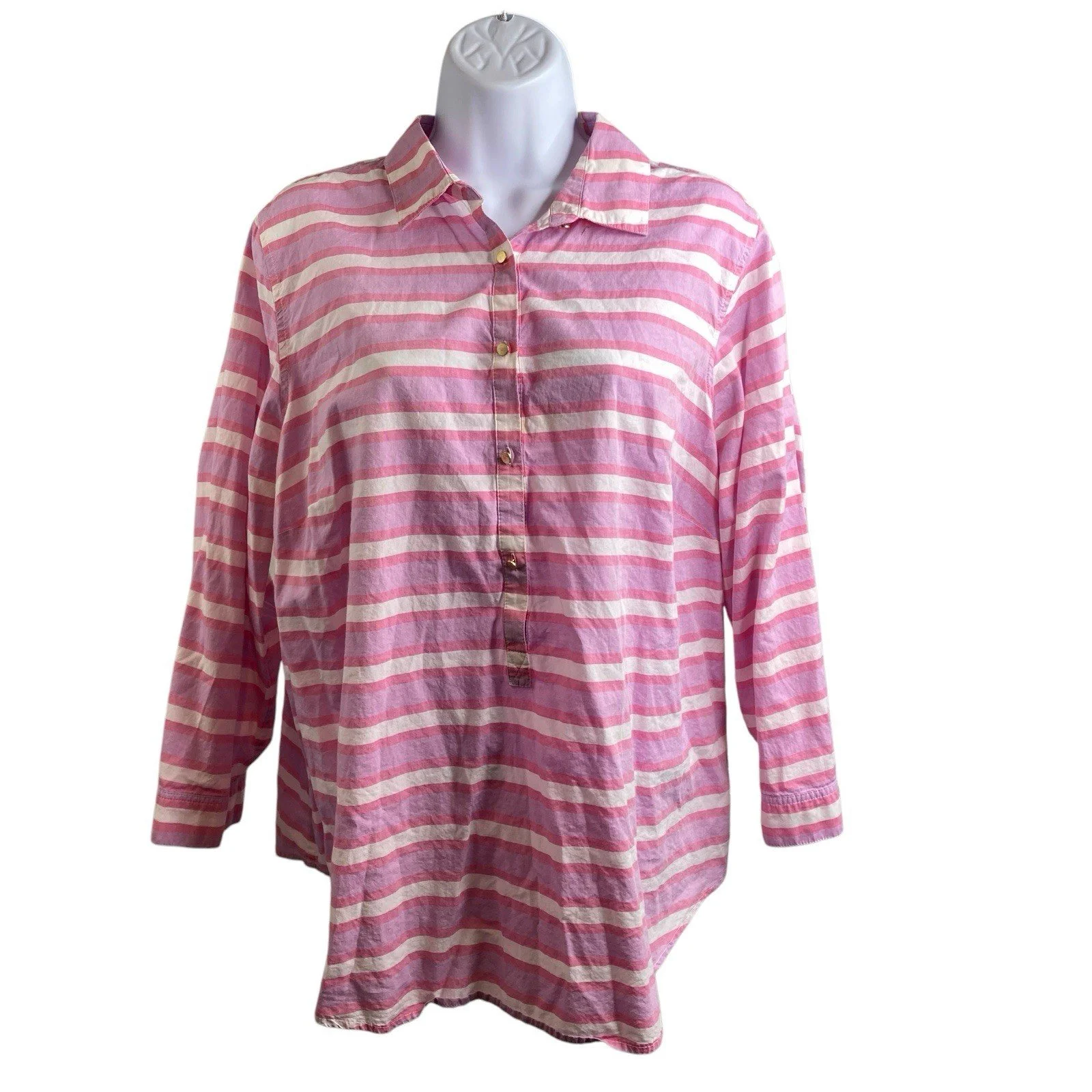 Lands End Women’s Pink Striped Cotton Popover Shirt Size 16W Career Preppy