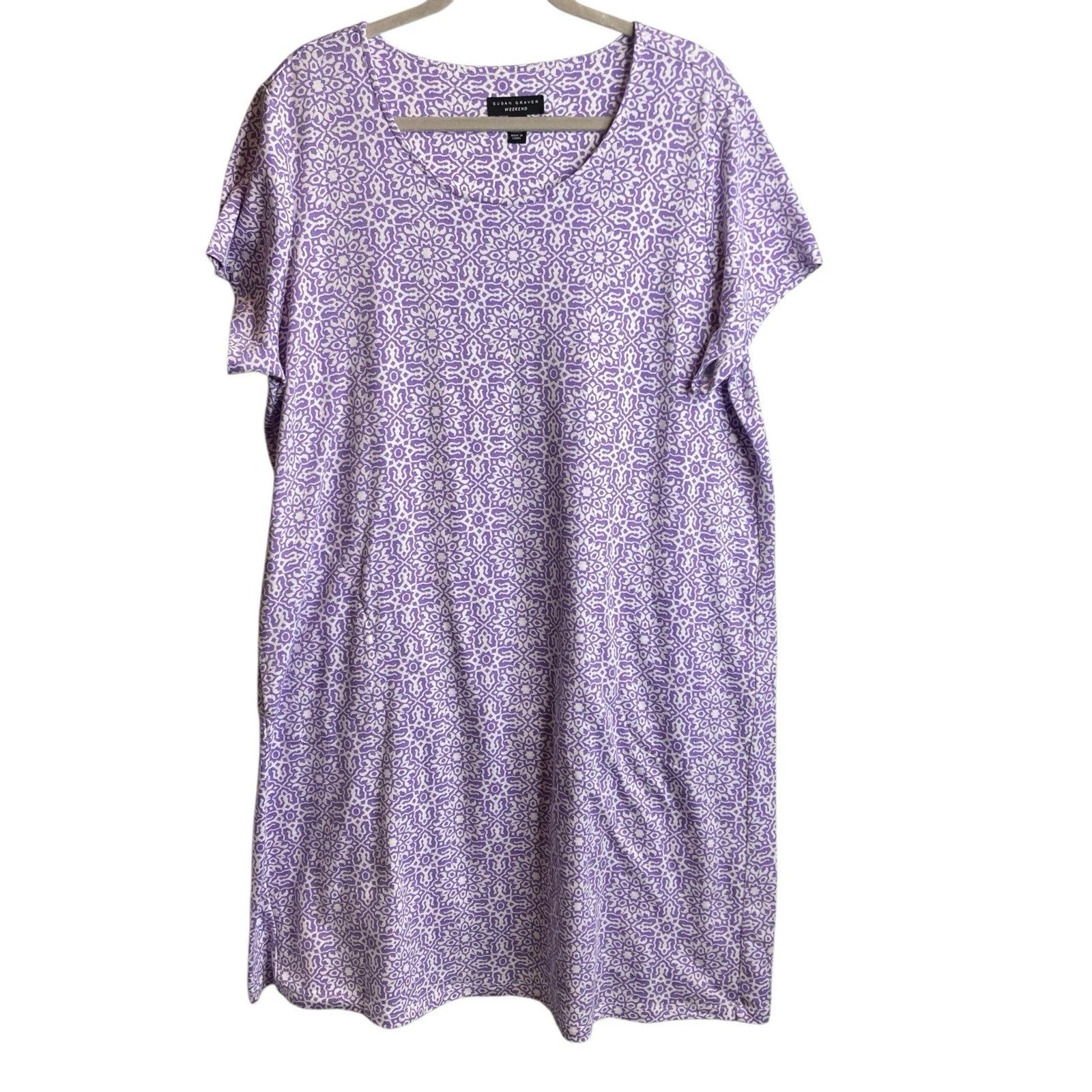 Susan Graver Women's Purple Geometric Print T Shirt Shift Dress Size 1X Petite