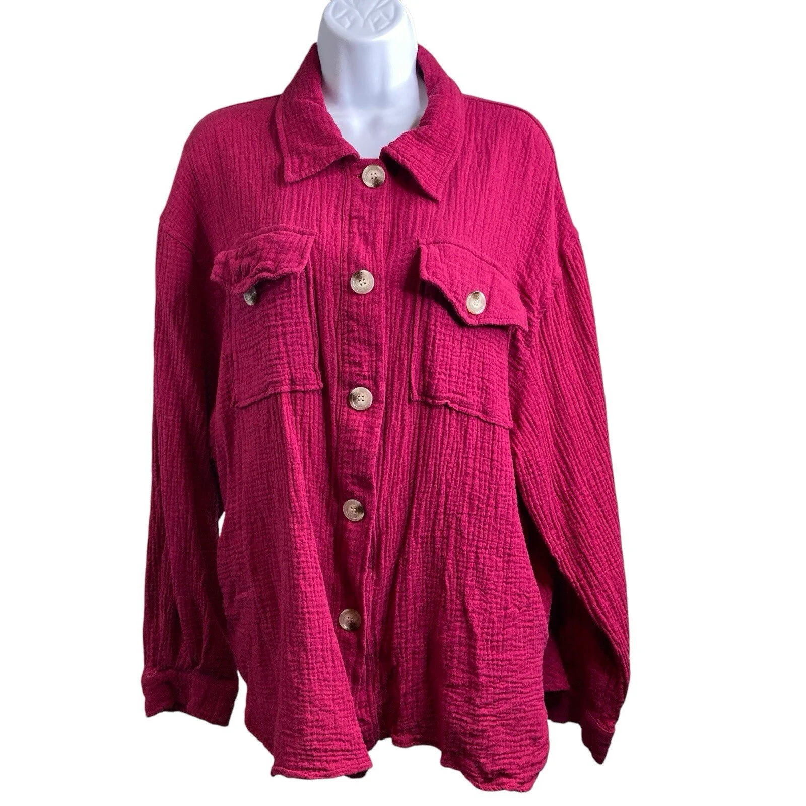 Fantastic Fawn Women's Hot Pink Button Up Shirt Size L Gauze Boho Flowy Preppy