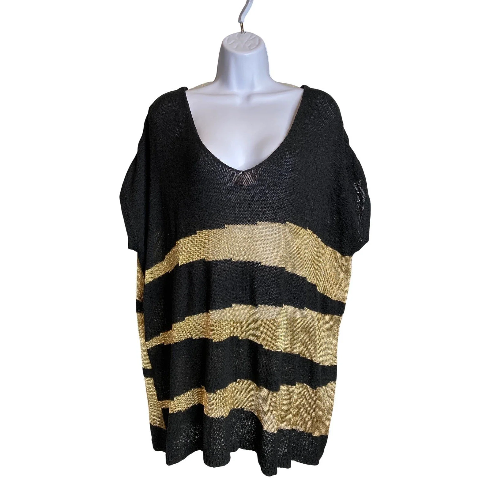 Chico's Womens Knit Poncho Top Sz 3 XL Black Gold Stripe Flowy Bold Bohemian