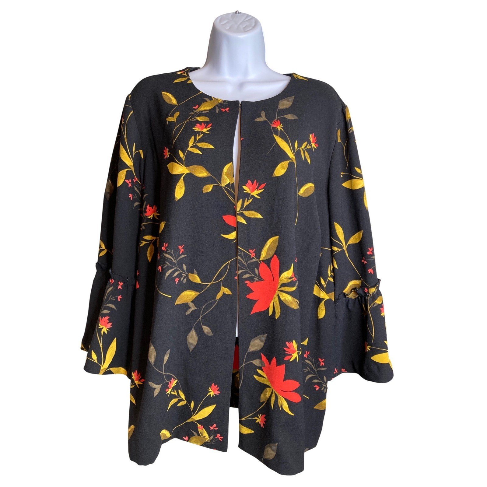 Macy's Alfani Womens Black Floral Bell Sleeve Open Front Jacket Sz 2X Bold Boho