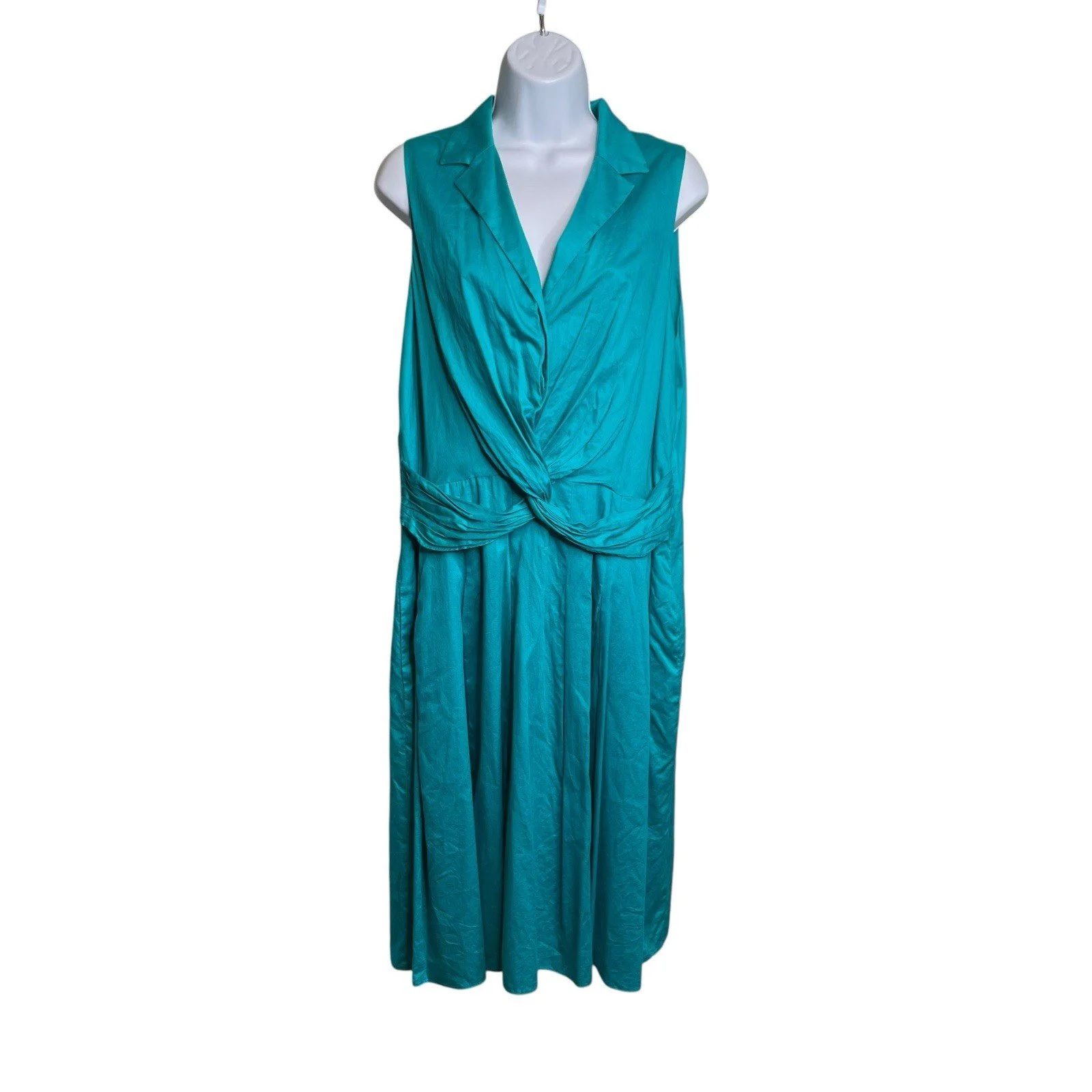 VTG Y2K Anne Klein Women’s Teal Sleeveless Midi Shirt Dress Size 16 Flowy