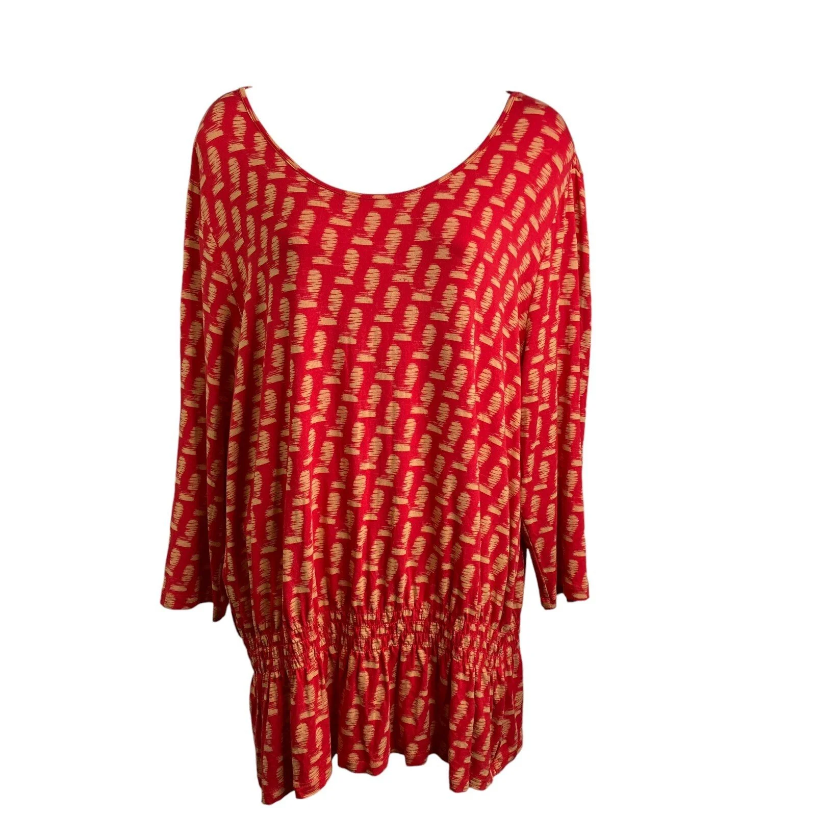 Chico's Women's Red Scoop Neck Abstract Print Loose Flowy Tunic Top Size 3 XL