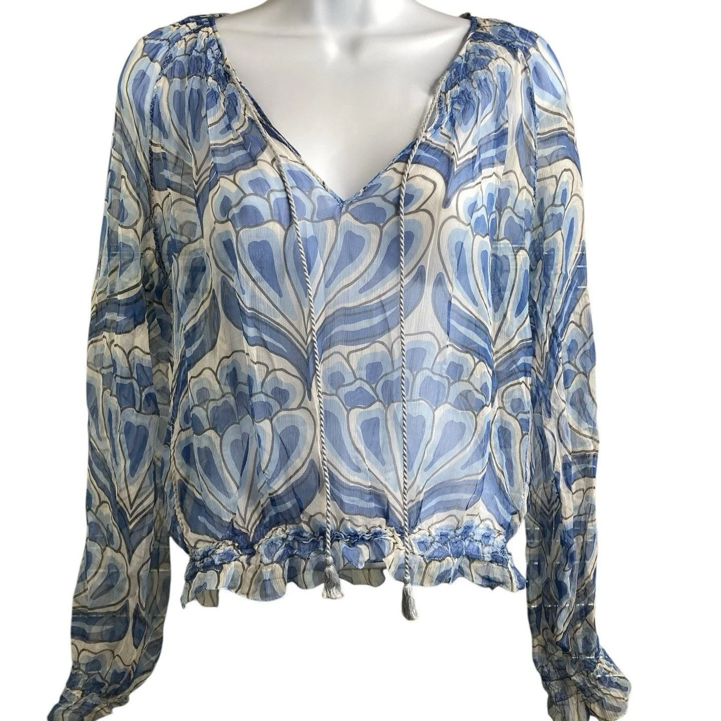 Kulson Women's Blue Modern Floral Print Peasant Boho Top Est. Size M Artsy