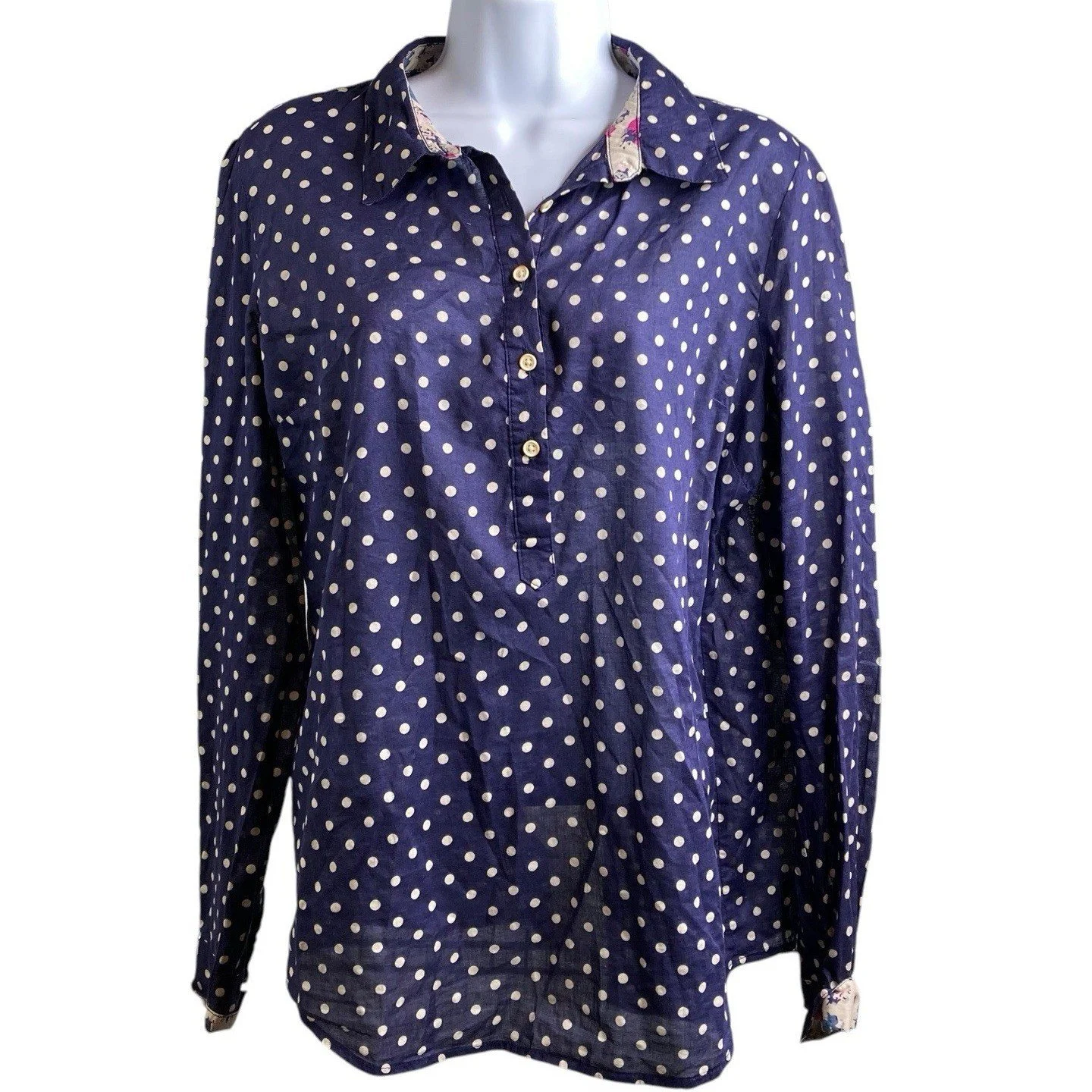 Trovata Birds Of Paradis Navy Polka Dot Button-Up Shirt Size L Preppy Coastal
