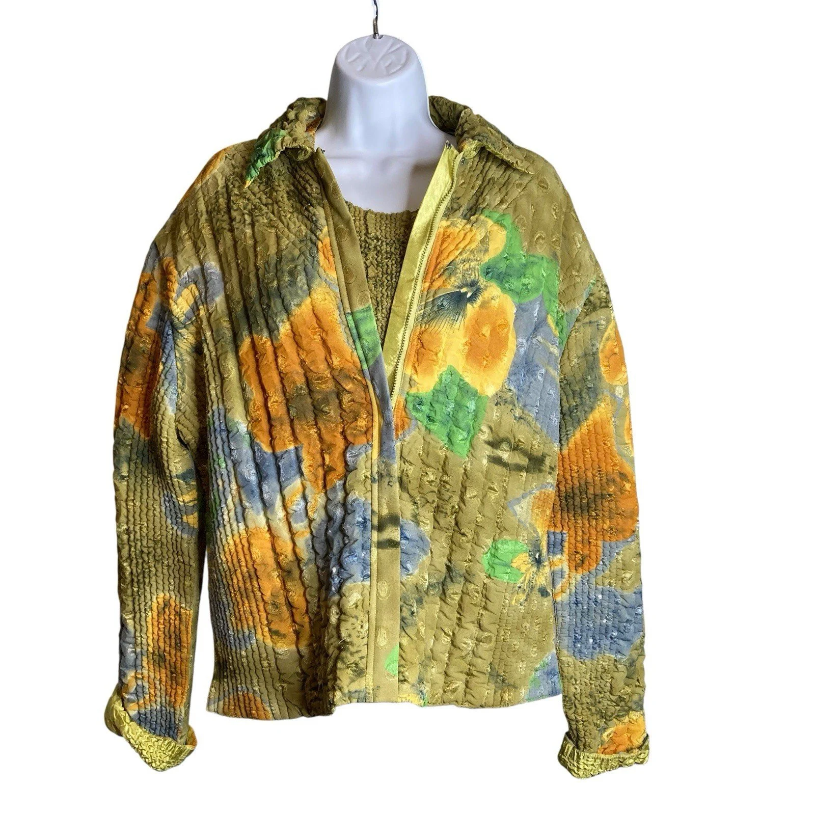 Art To Wear Olive Green Floral Crinkle Zip Up Tank Top Jacket Set One Size Boho