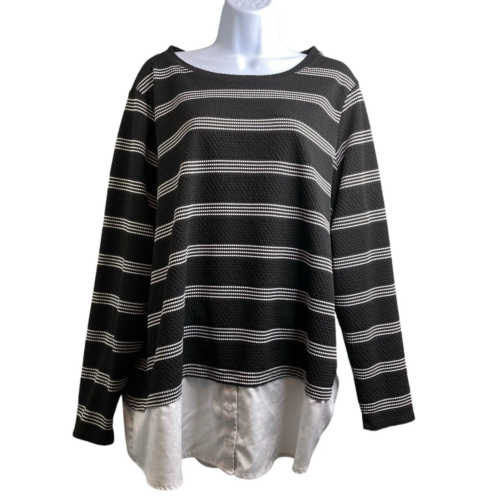 Calvin Klein Women's Black Striped Layered Top Est. Size 2X Preppy Classic