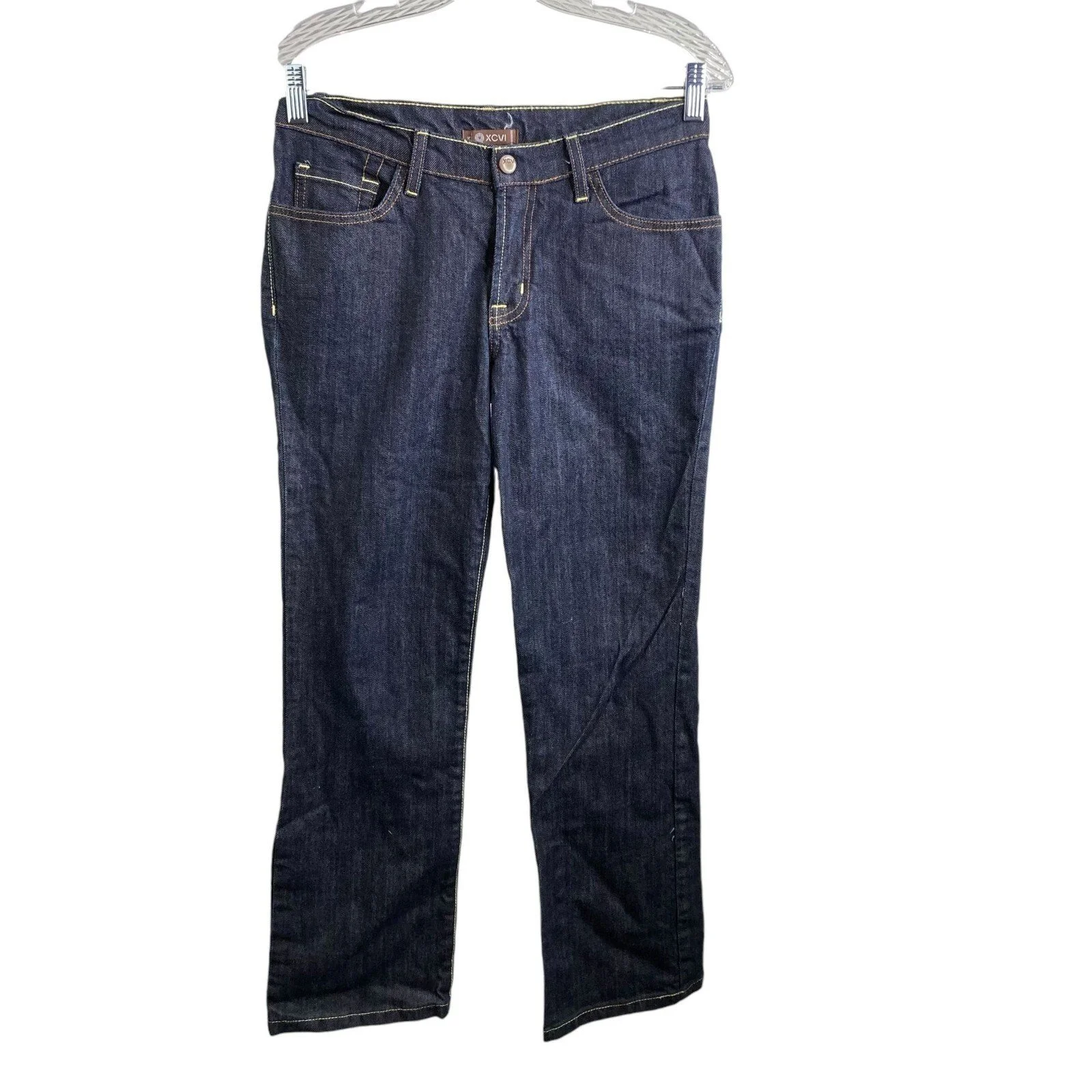 XCVI Womens Dark Blue Denim Gold Stitched Five Pocket Straight Leg Jeans Size M