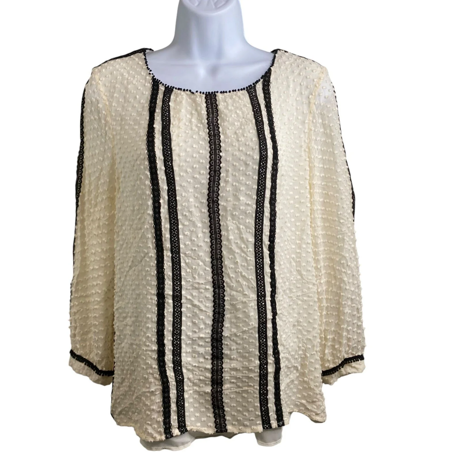 J Crew Women's Ivory Swiss Dot Silk Blend Black Lace Trim Long Sleeve Top Size 8