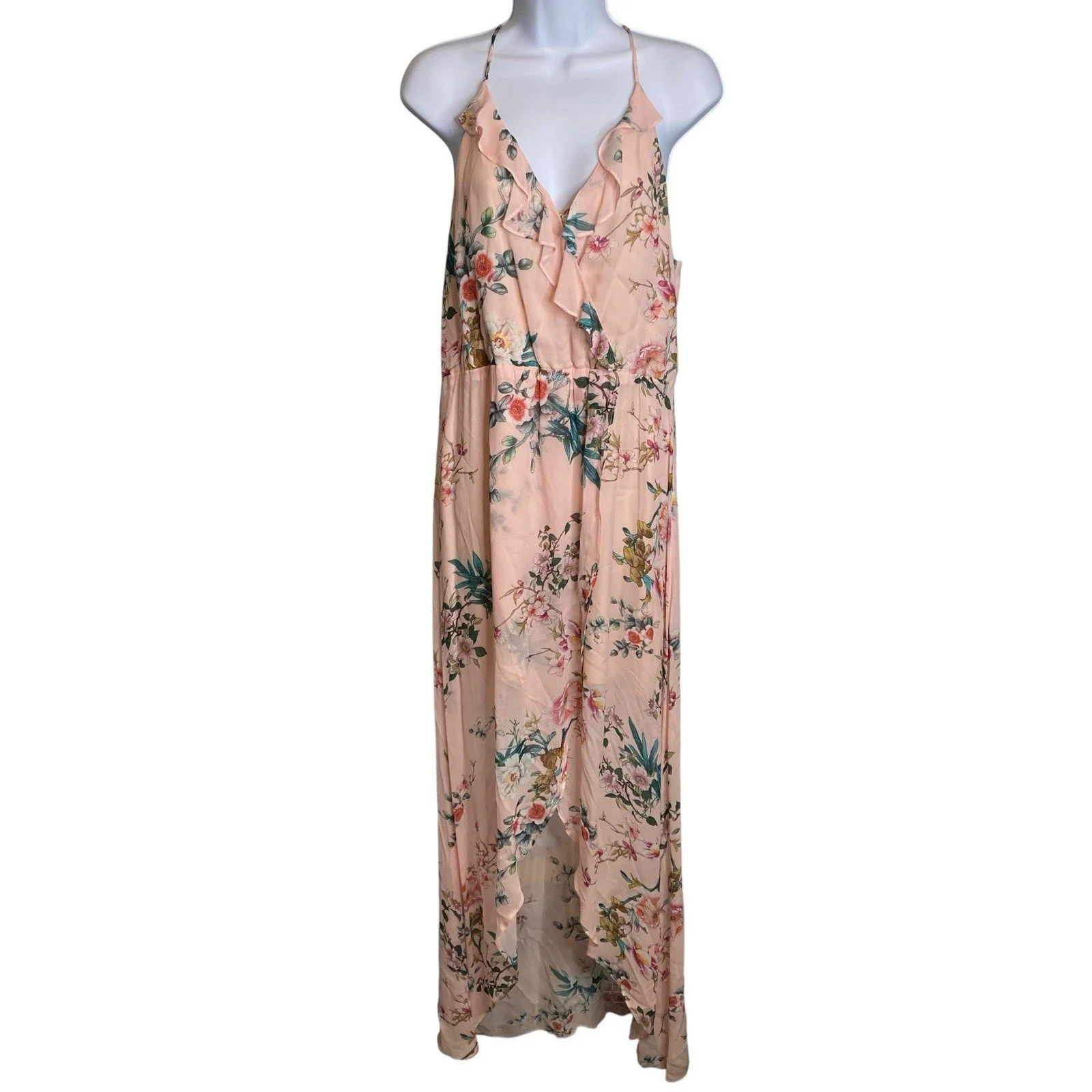 Lavender Brown Women's Peach Floral Ruffle Maxi Dress Size S Fairy Romantic
