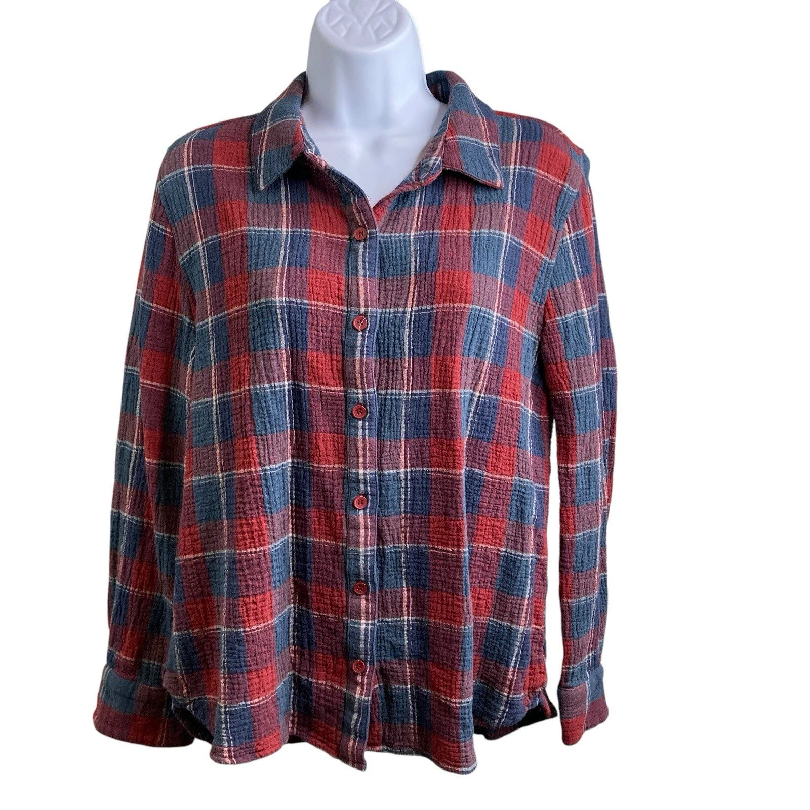 Garnet Hill Women's Organic Cotton Plaid Shirt Size 12 Gauze Western Retro Boho