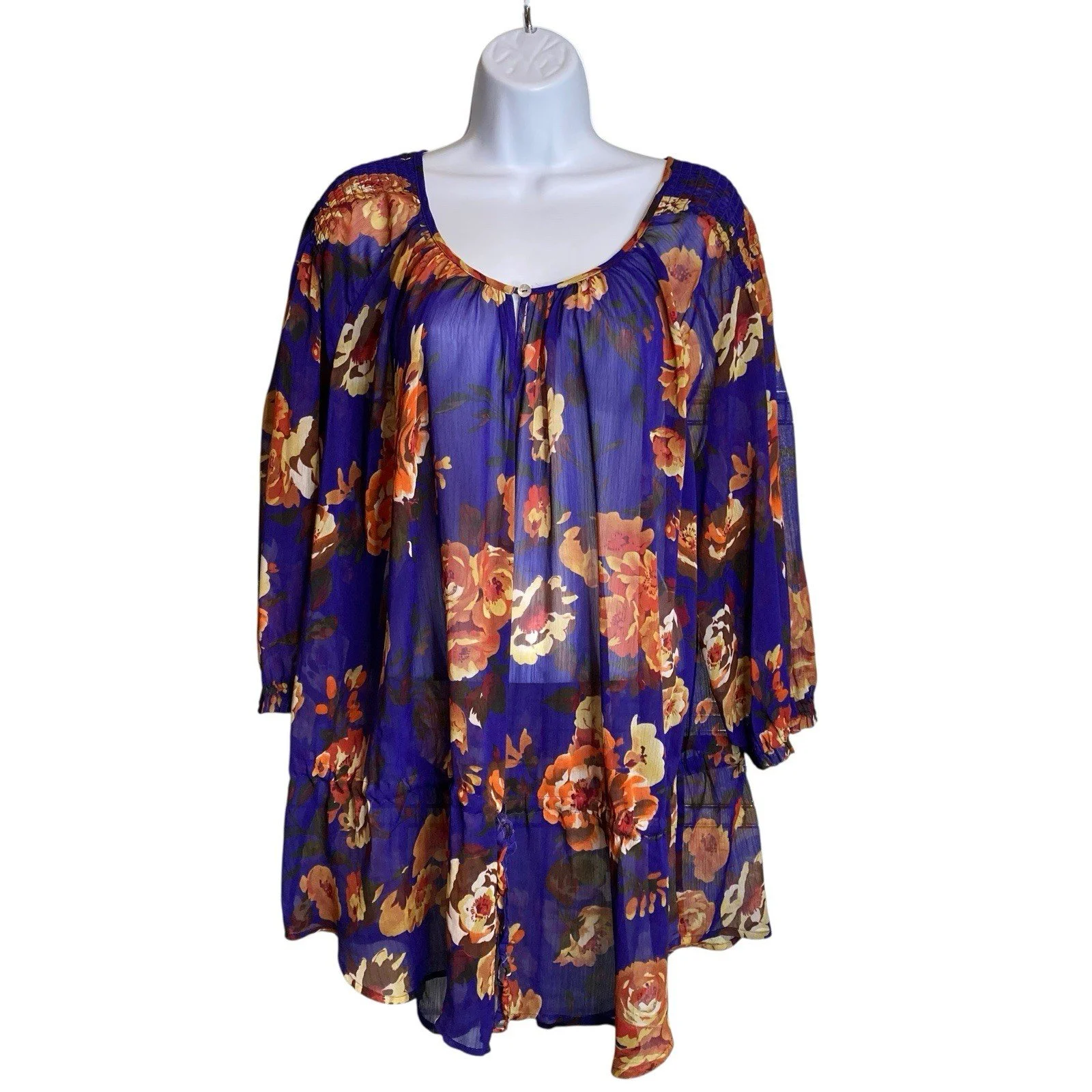 Daniel Rainn Women's Blue Floral Sheer Tunic Blouse Size 3X Flowy Cottagecore