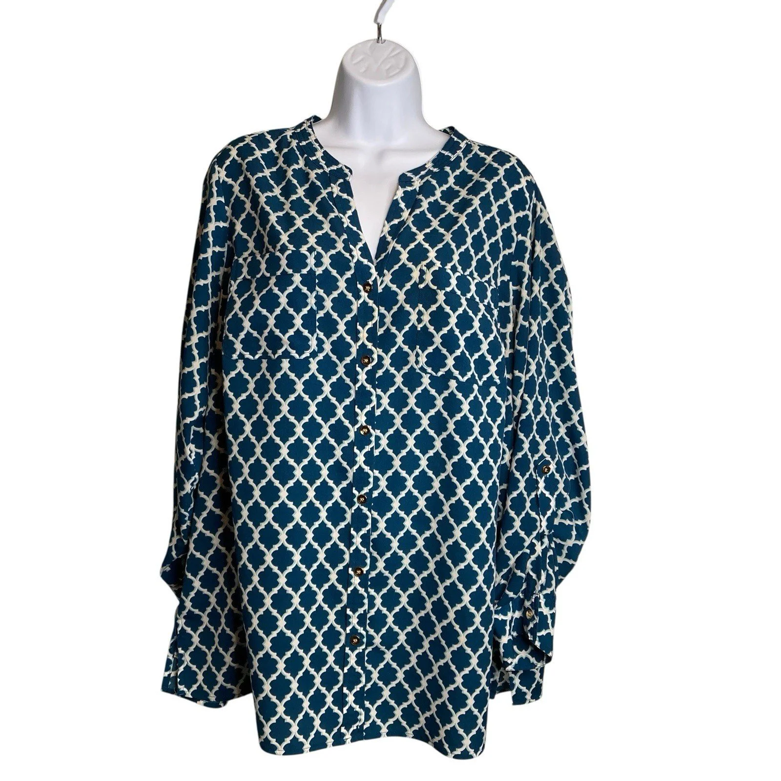 Macy’s Charter Club Women's Teal Moroccan Button Front Tunic Blouse Size 1X Boho