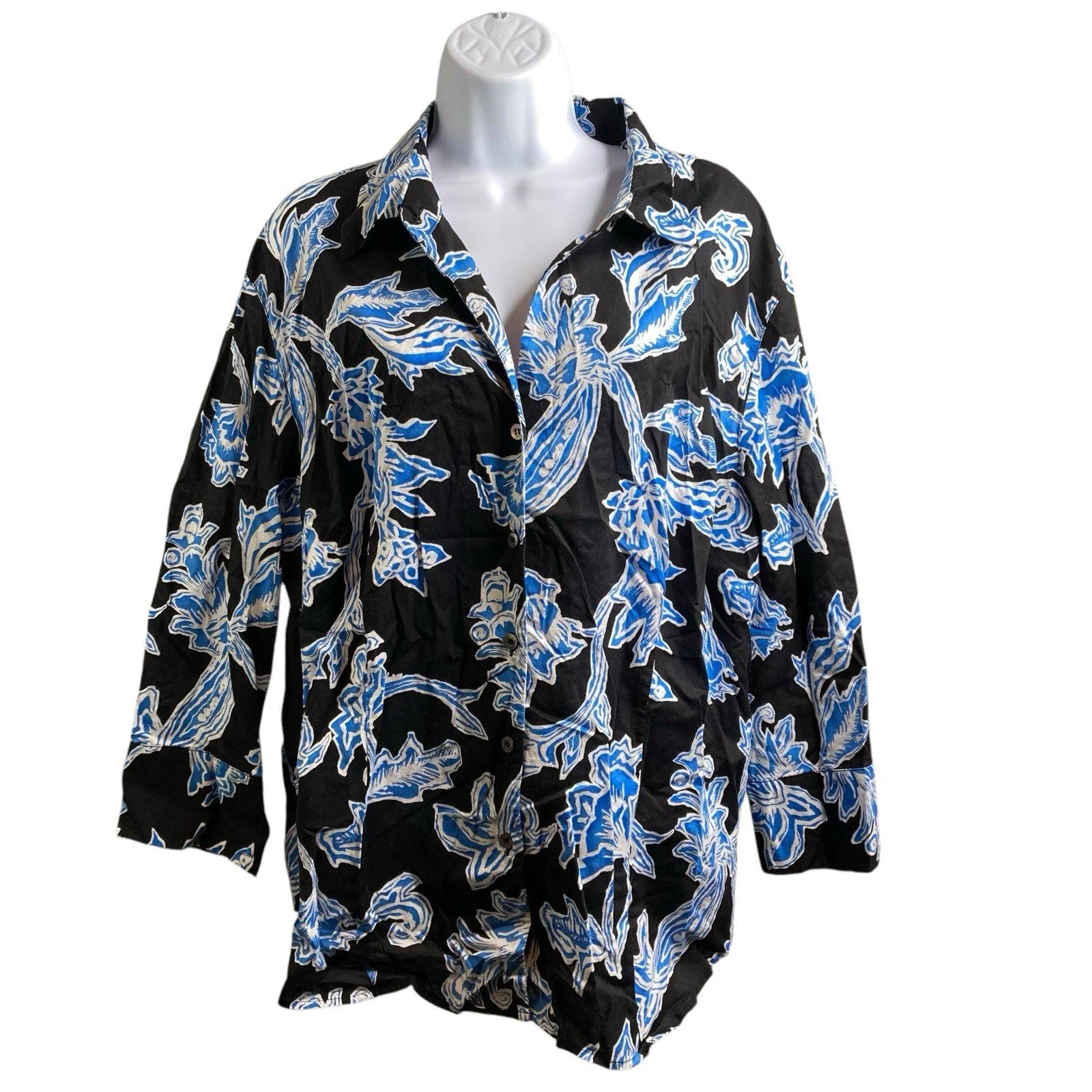 Talbots Women's Navy Blue Floral Button Up Tunic Top Size 20W Flowy Boho Coastal