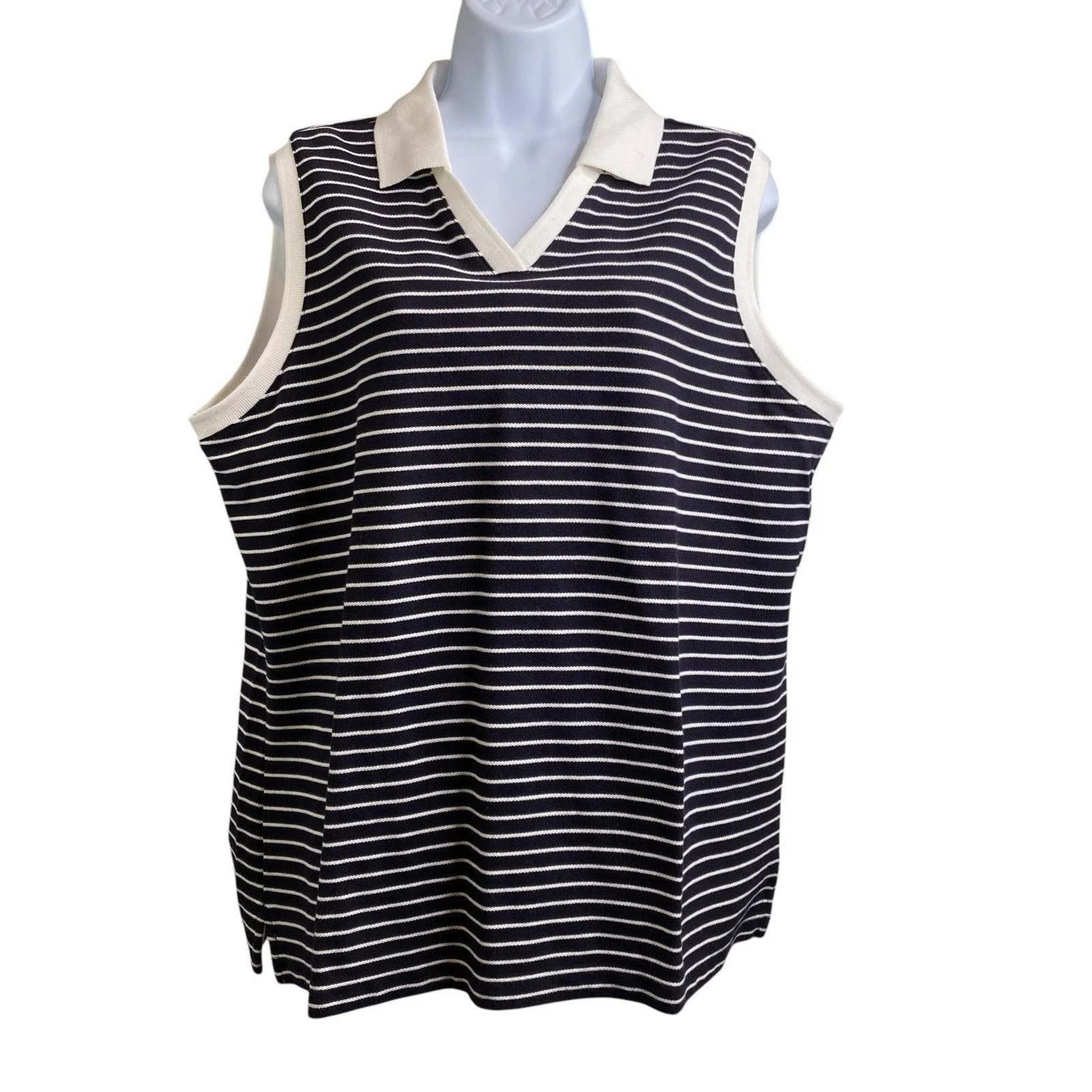 Talbots Women's Black White Striped Sleeveless Polo Shirt Size XL Preppy Tennis