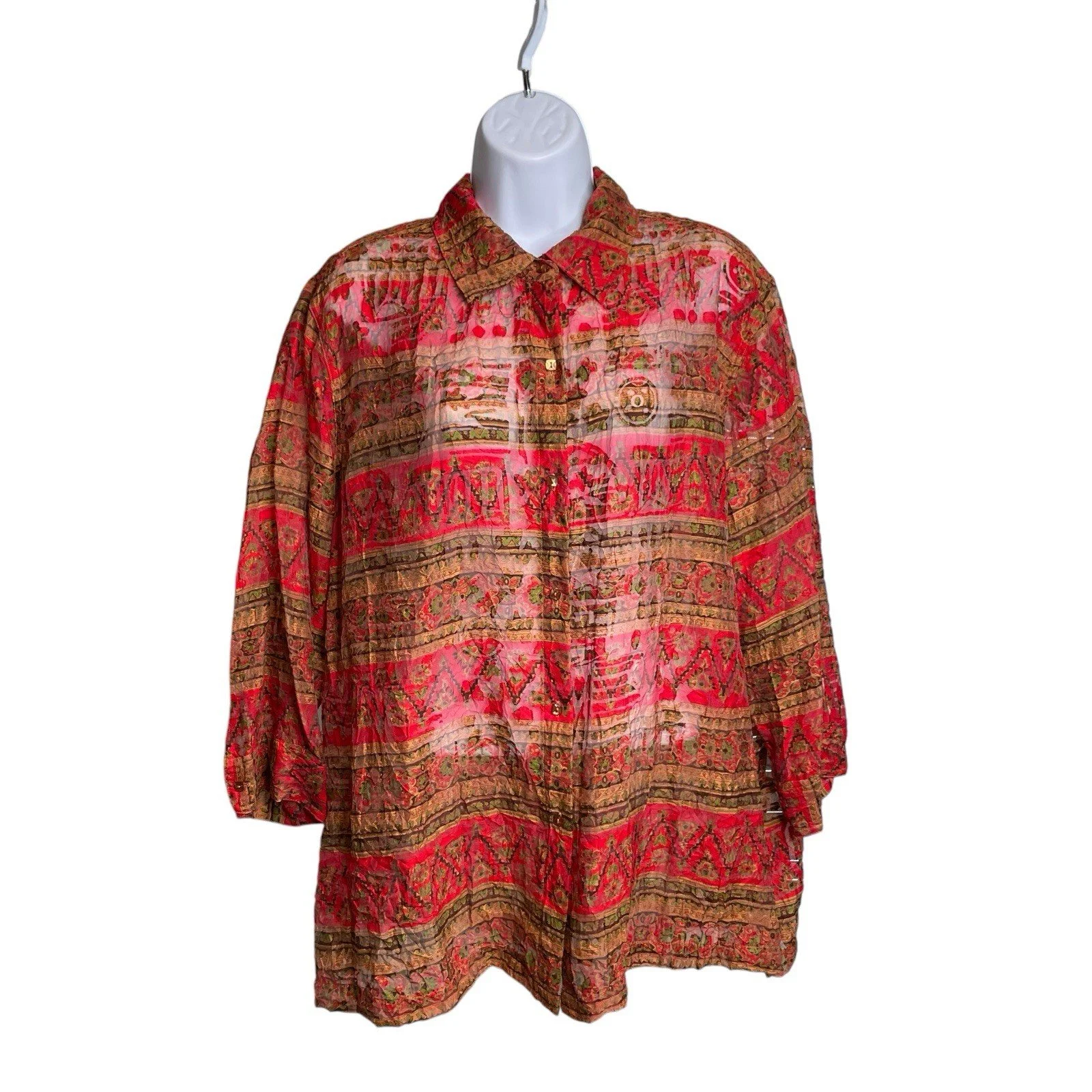 Coldwater Creek Red Aztec Print Sheer Button Up Top Size 1X Statement Boho Flowy