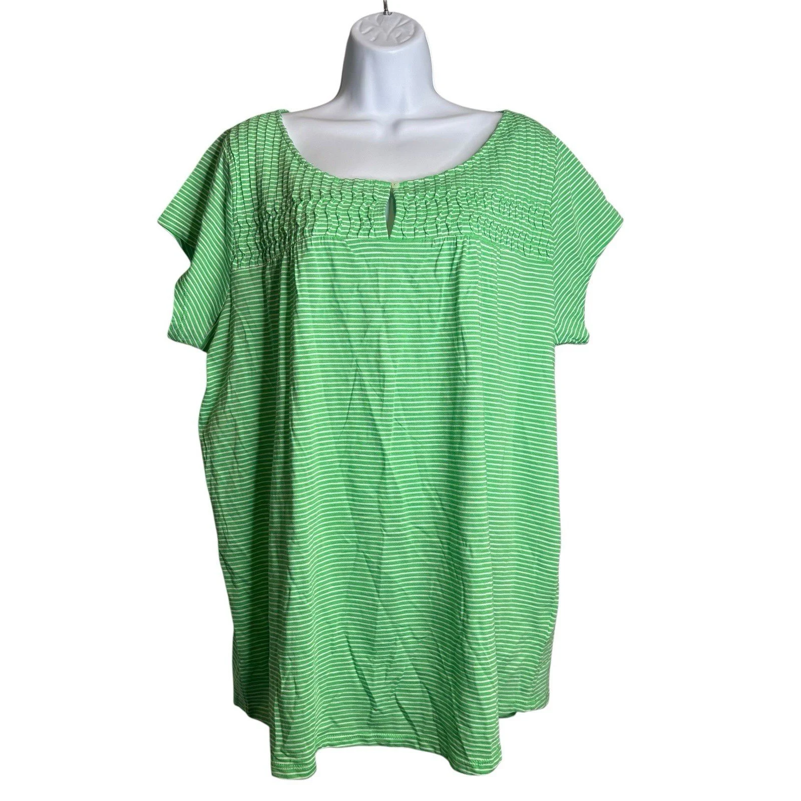 Lands' End Women's Green White Stripe Ruched Neck Top Size 1X Coastal Preppy