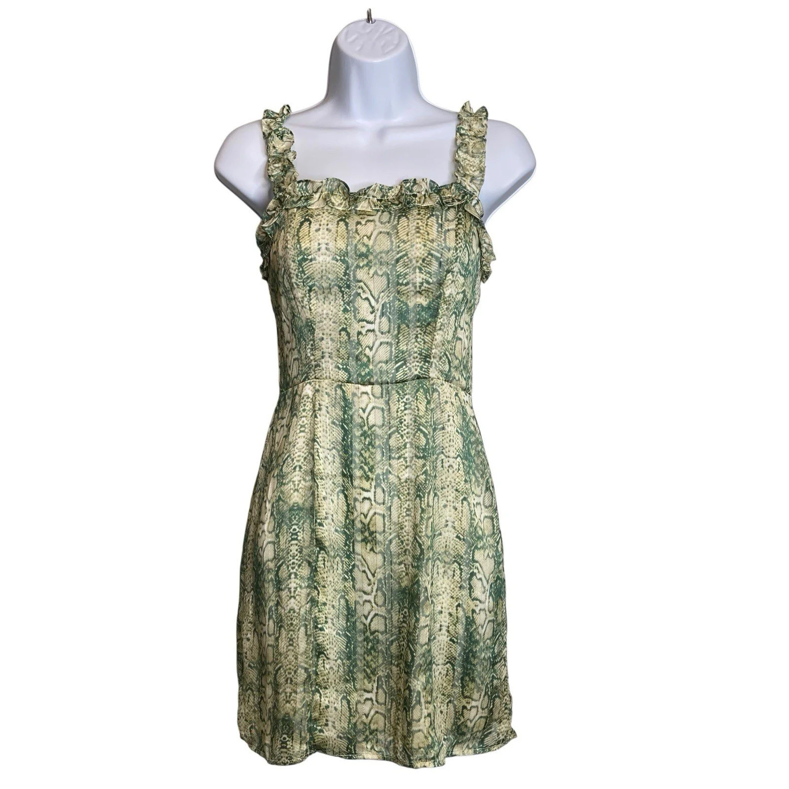 Anthropologie 4SI3NNA Women's Green Snakeprint Mini Dress Size XS Fairy Ruffles