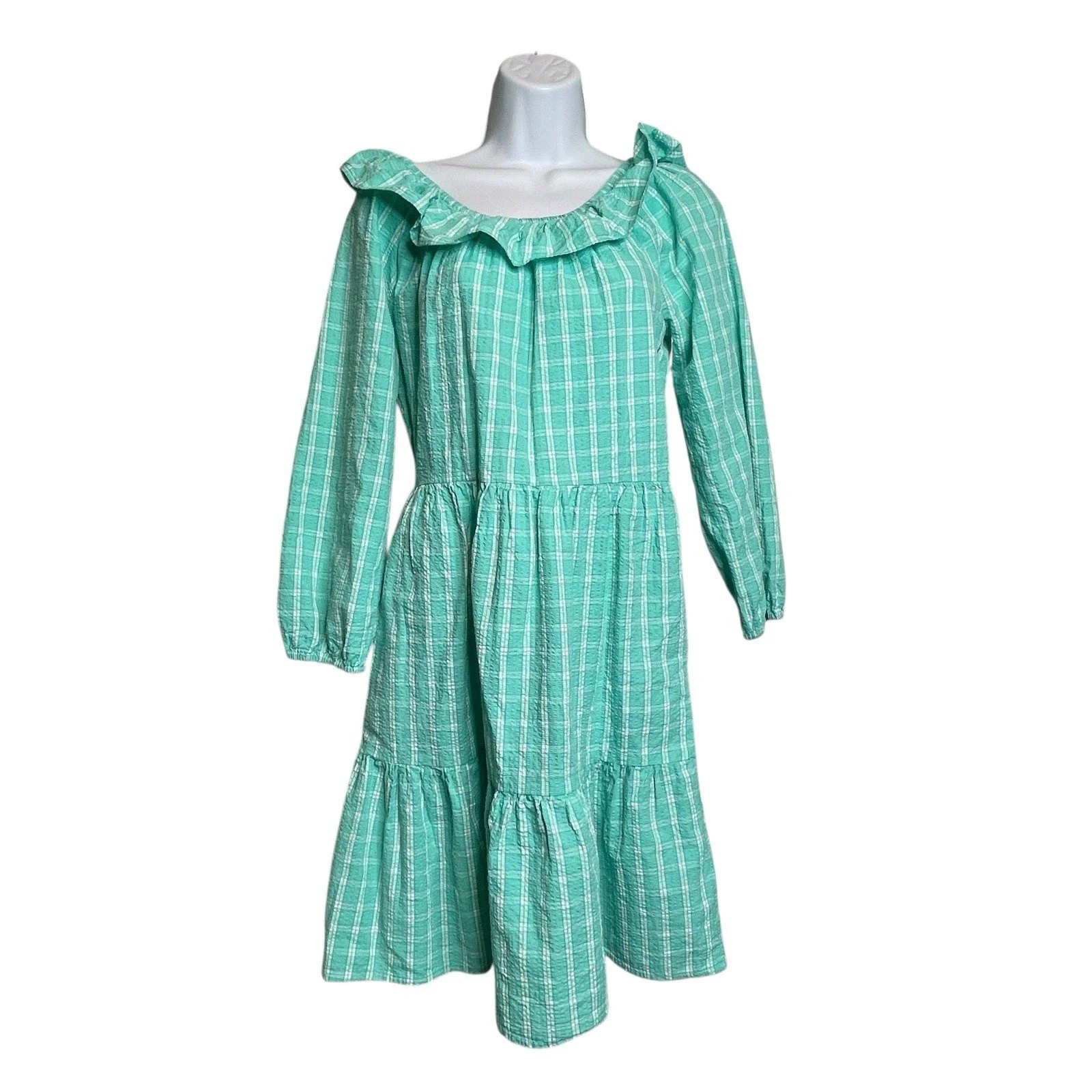 J Crew Women's Green Seersucker Ruffle Neck Mini Dress Size 2 Cottagecore Fairy