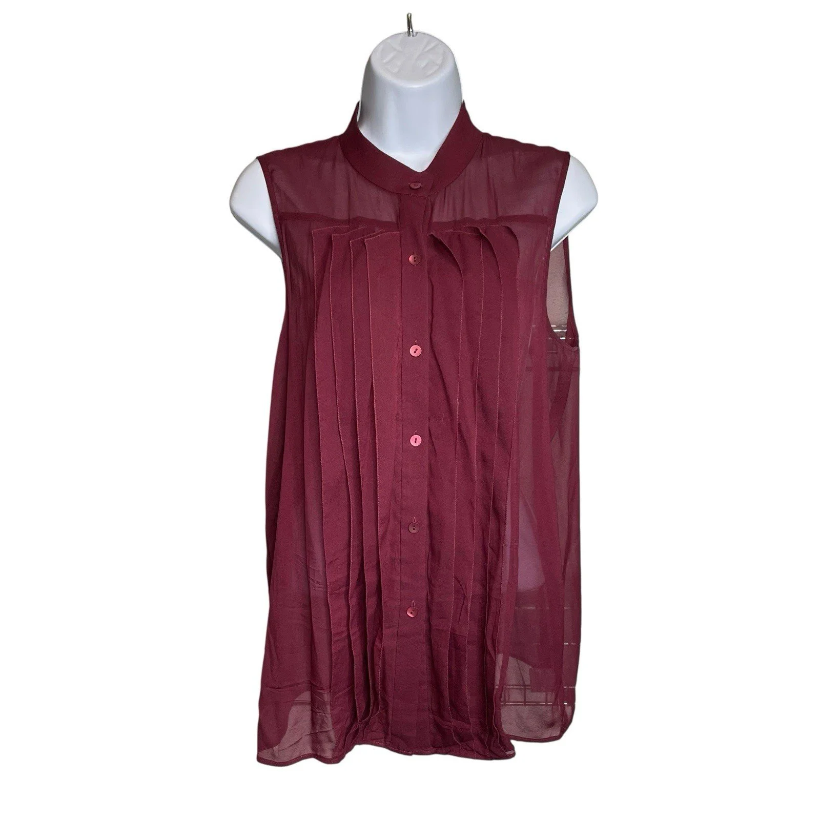 Theory Women's Burgundy Sheer Silk Sleeveless Blouse Size M Old Money Euro Chic