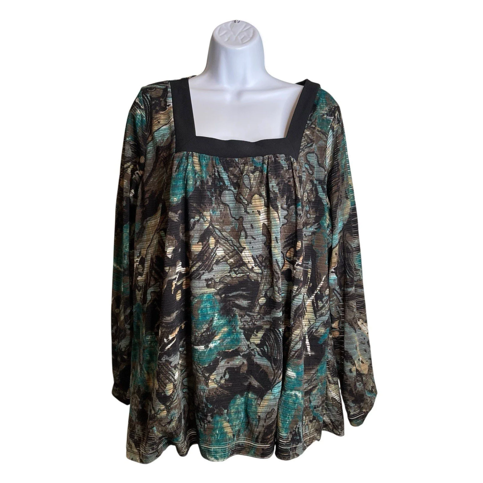 Susan Lawrence Women's Abstract Earth Tone Square Neck Top Size 3X
