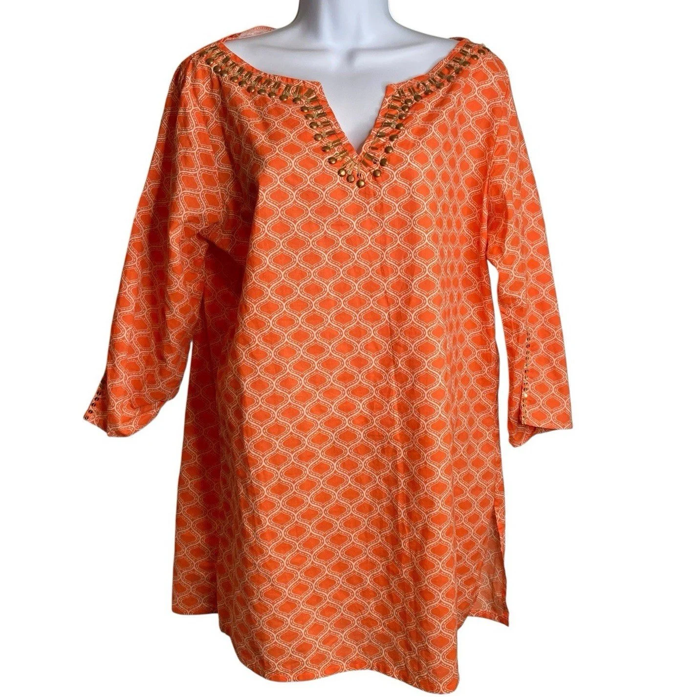 d.e.i. Orange Moroccan Tile Beaded Tunic Top Sz M Boho Gypsy Art to Wear