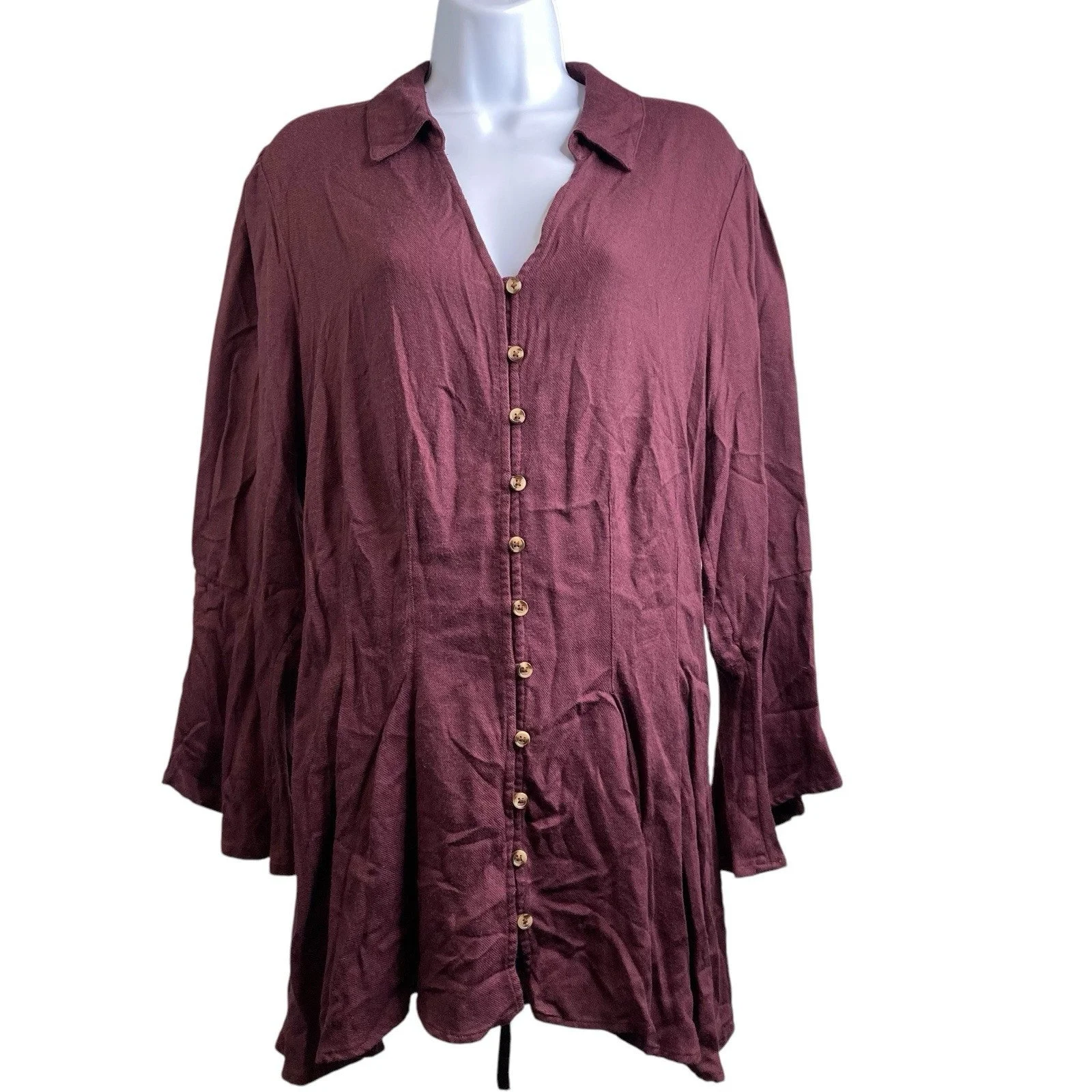 Torrid Women's Burgundy Peasant Button Up Tunic Blouse Size 1X Flowy Boho Lagom