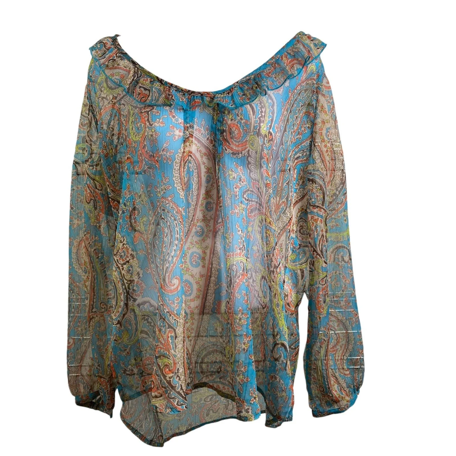 TravelSmith Women’s Turquoise Paisley Flowy Boho Artsy Airy Ruffled Top Size 1X