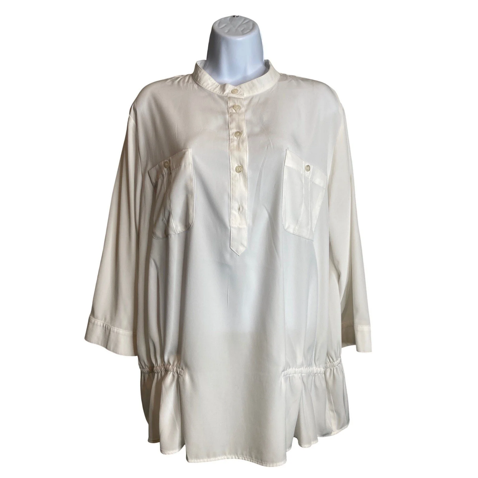 Chico's Womens White Popover Drawstring Hem Blouse Sz 3 XL Coastal Classic