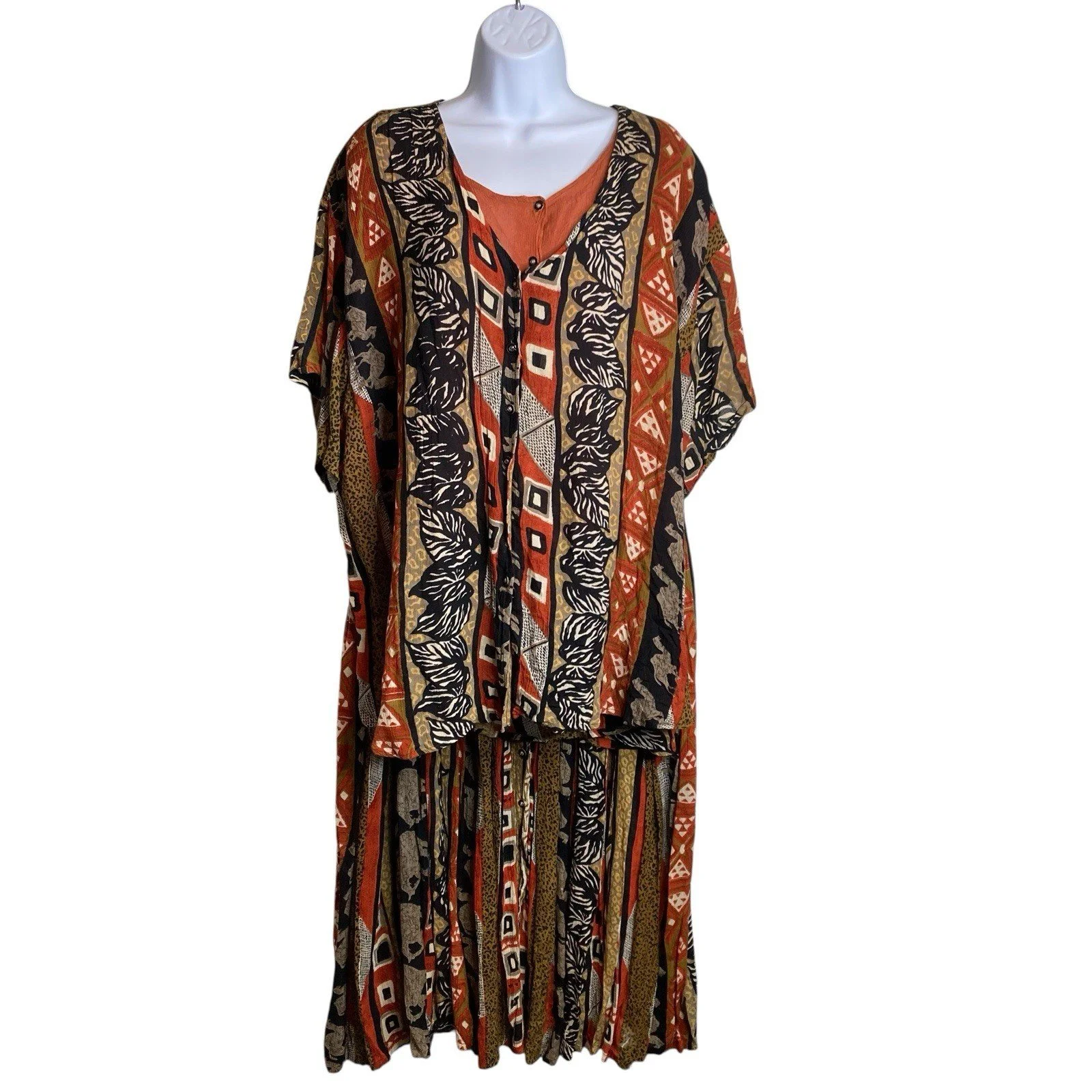 Vintage Mira Max Women's Brown Two Piece Blouse Skirt Set Size 1X Flowy Retro