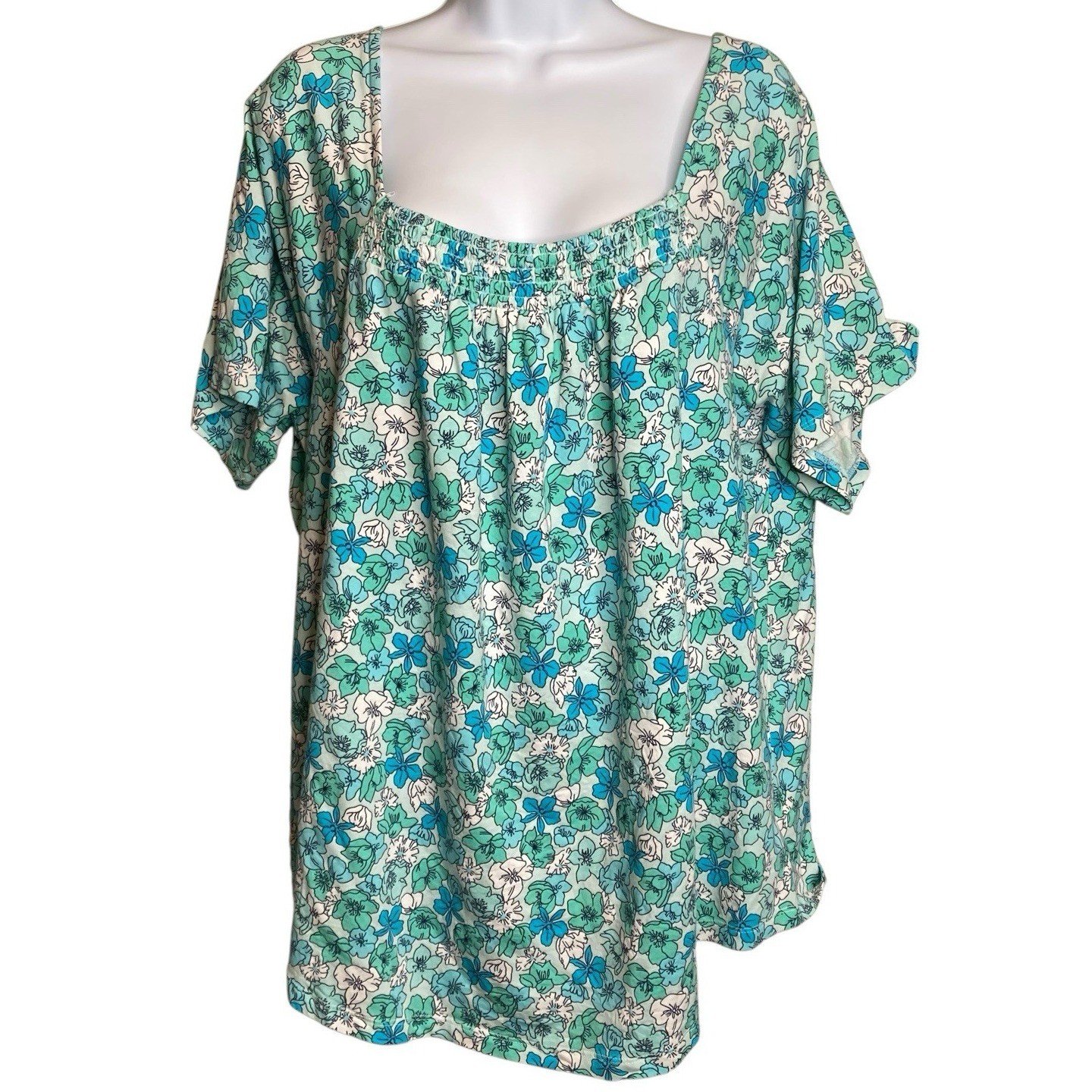 Lands End Women's Blue Green Floral Square Neck Top Size 2X Cottagecore Country