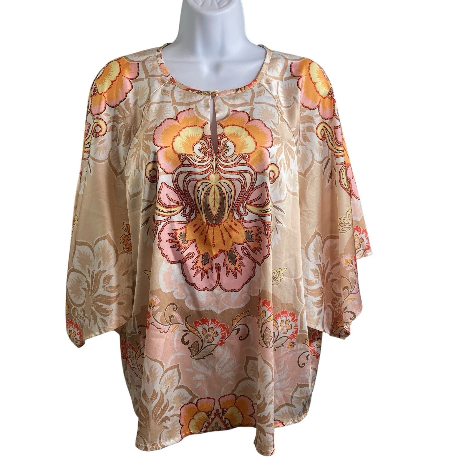 Chico's Women's Beige Satin Floral Keyhole Neck Blouse Size 14 Asian Vibes Boho