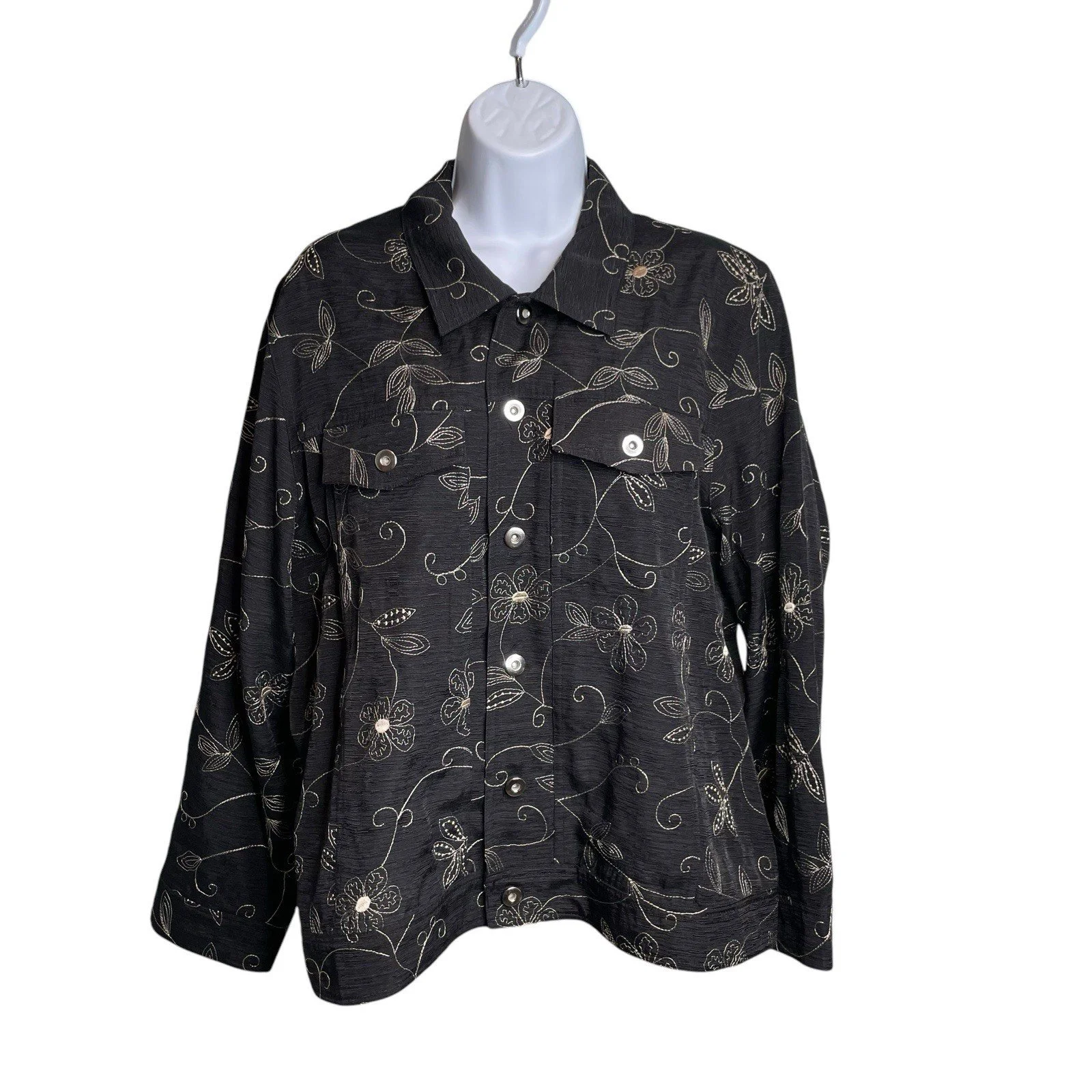 Carole Little Women's Floral Black Silk Embroidered Jacket Size 1X Art To Wear