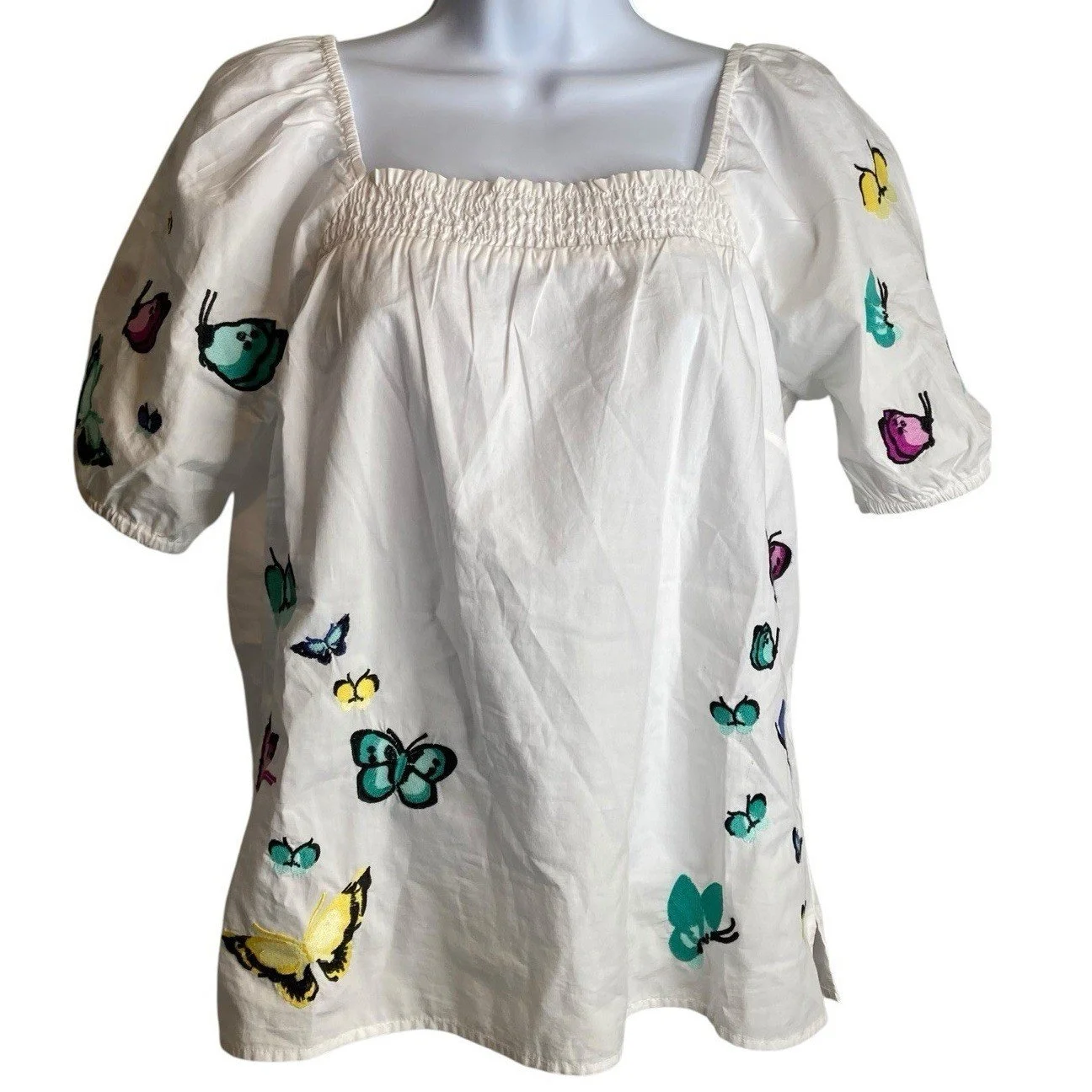 Talbots Women's White Butterfly Print Peasant Top Size S Petite Dainty Fairy