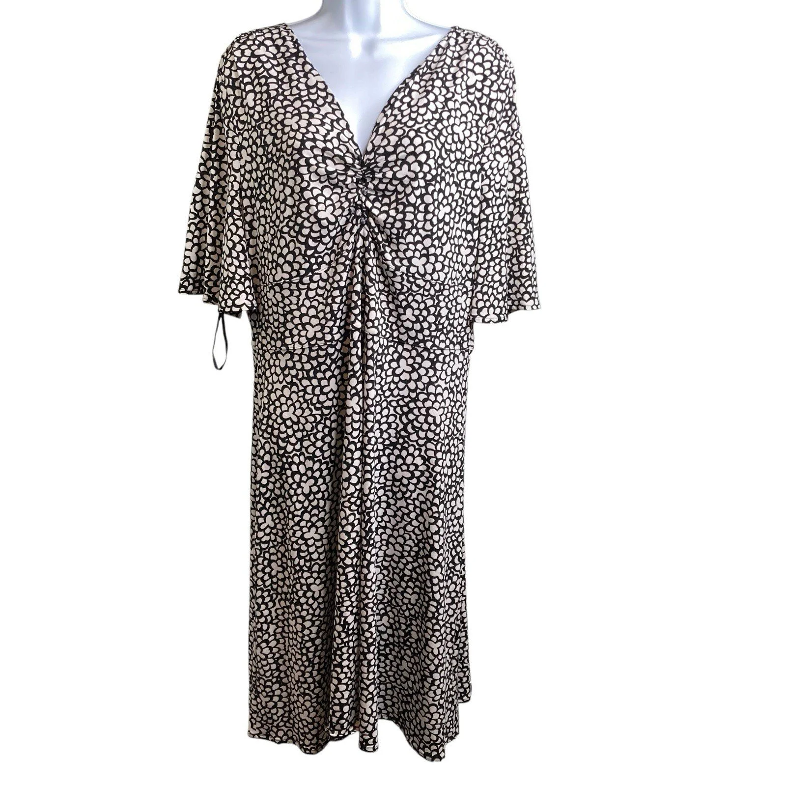 Vintage Talbots Black White Print Dress Size 16 Ruched Neckline Flowy Classic