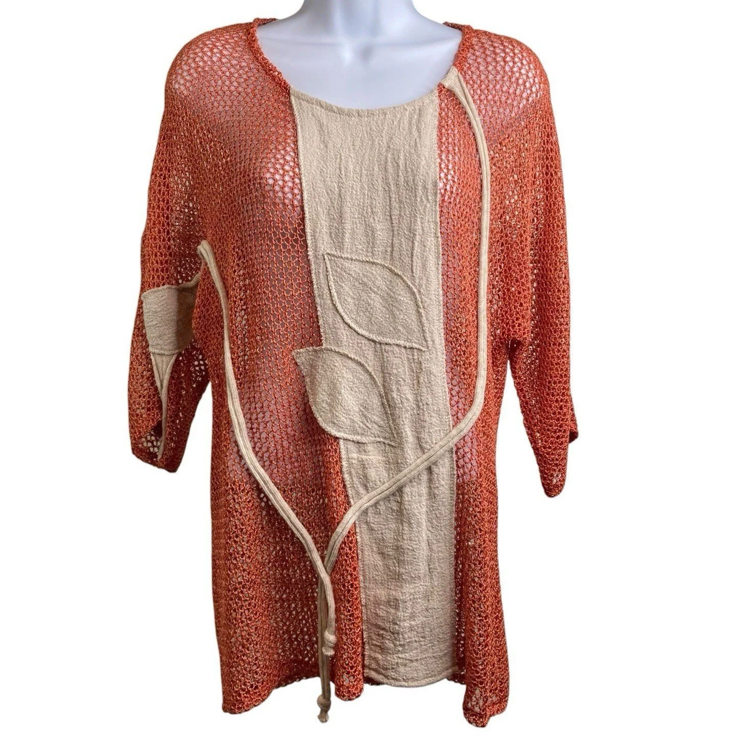 Vintage Jaskar Women's Orange Crochet Open Knit Tunic Top Size M 70’s Vibes
