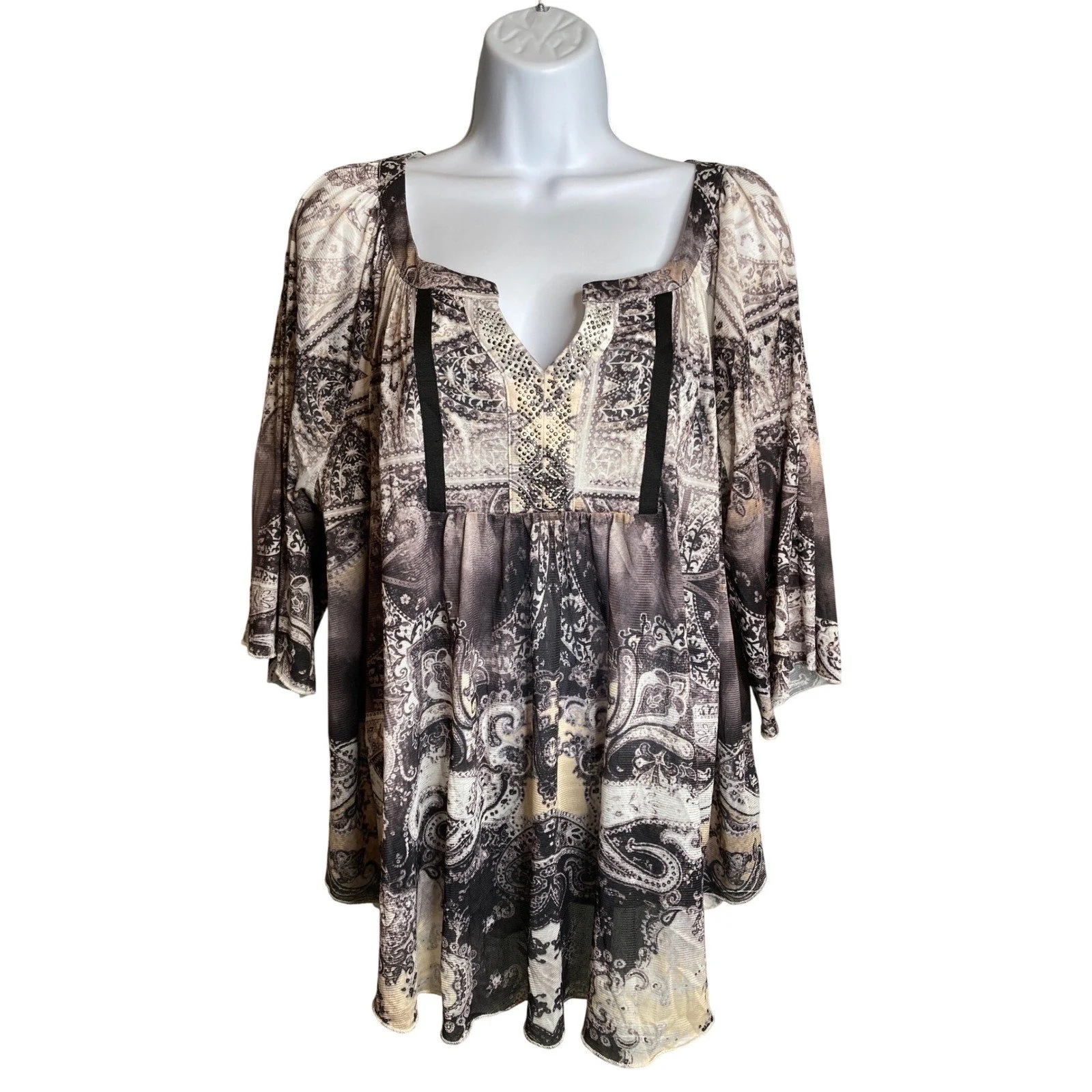 World Unity Wear Womens Paisley Print V Neck Tunic Top Sz 2X Boho Art to Wear